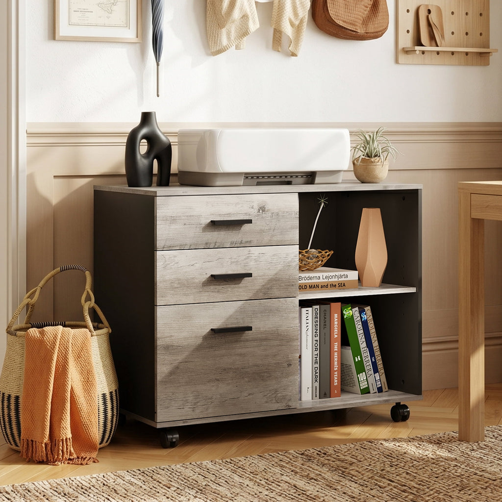 GALAXHERO 3-Drawer Filing Cabinet, Mobile Lateral File Cabinet, Printer Stand with Open Shelves, Wood Office Cabinet