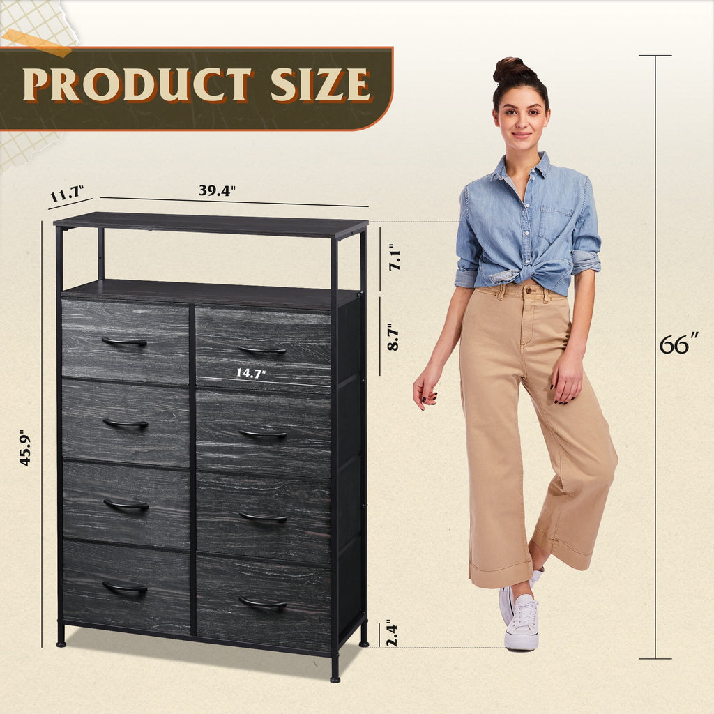 GALAXHERO 8 Drawer Dresser for Bedroom, Open Storage Shelves, Wooden Top, Fabric Bins for Closet, Living Room, Hallway