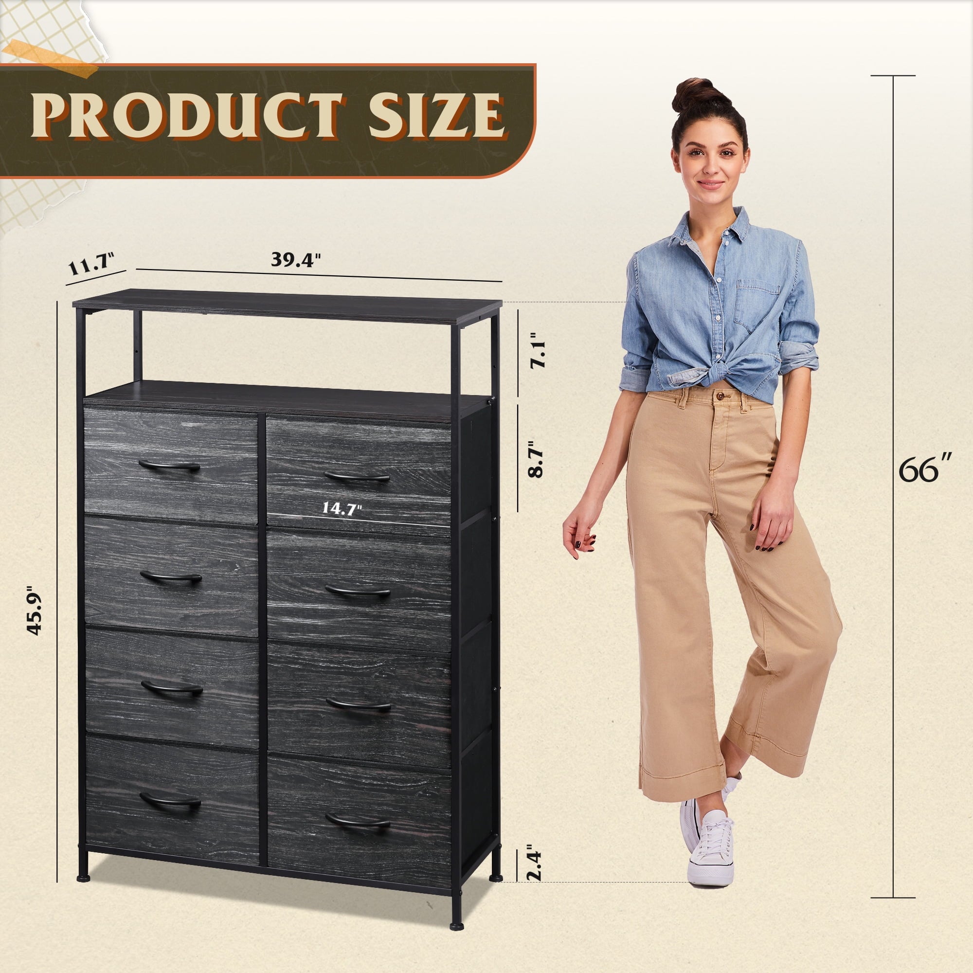 GALAXHERO 8 Drawer Dresser for Bedroom, Open Storage Shelves, Wooden Top, Fabric Bins for Closet, Living Room, Hallway