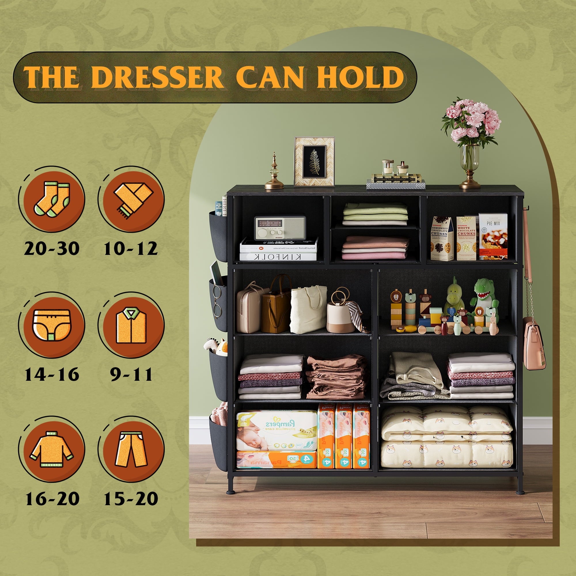 GALAXHERO 10-Drawer Fabric Dresser, Sturdy Metal Frame Organizer Unit with Side Pockets and Hooks for Bedroom, Living Room, Hallway