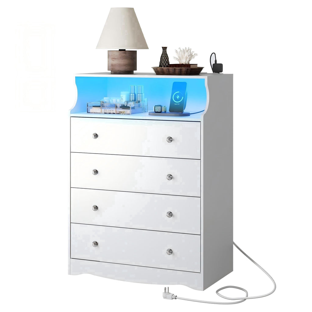 GALAXHERO 4 Drawers Dresser for Bedroom, Tall  Dressers with LED Open Shelf, Modern Chest of Drawers with Charging Station, Wood Closet Clothes Organizer Storage Cabinet