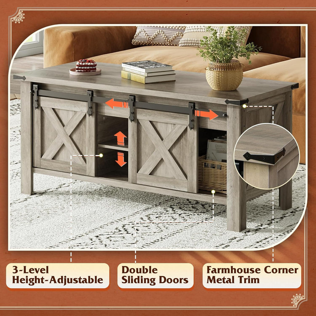 GALAXHERO 47.3" Farmhouse Lift Top Coffee Table with Sliding Barn Doors, Large Hidden Storage Compartment and Adjustable Shelf for Living Room, Office