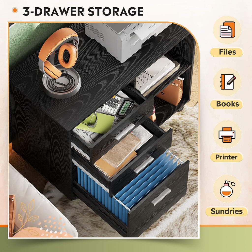 GALAXHERO 3-Drawer Wood File Cabinet, Mobile Lateral Filing Cabinet with Printer Stand and Open Shelves for Home Office