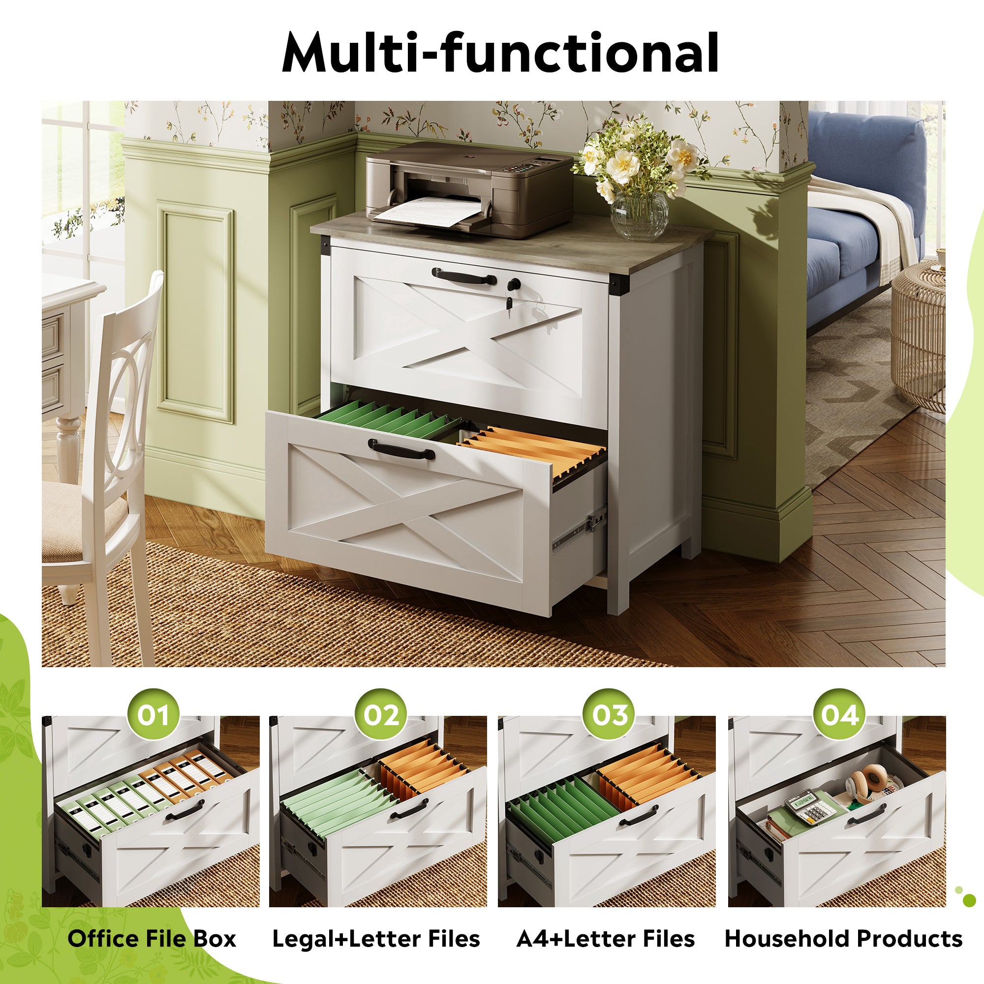 GALAXHERO 2 Drawer Farmhouse File Cabinet with Lock, Lateral Filing Cabinet for Letter/Legal/A4 Size, Wood Printer Stand for Home Office, White
