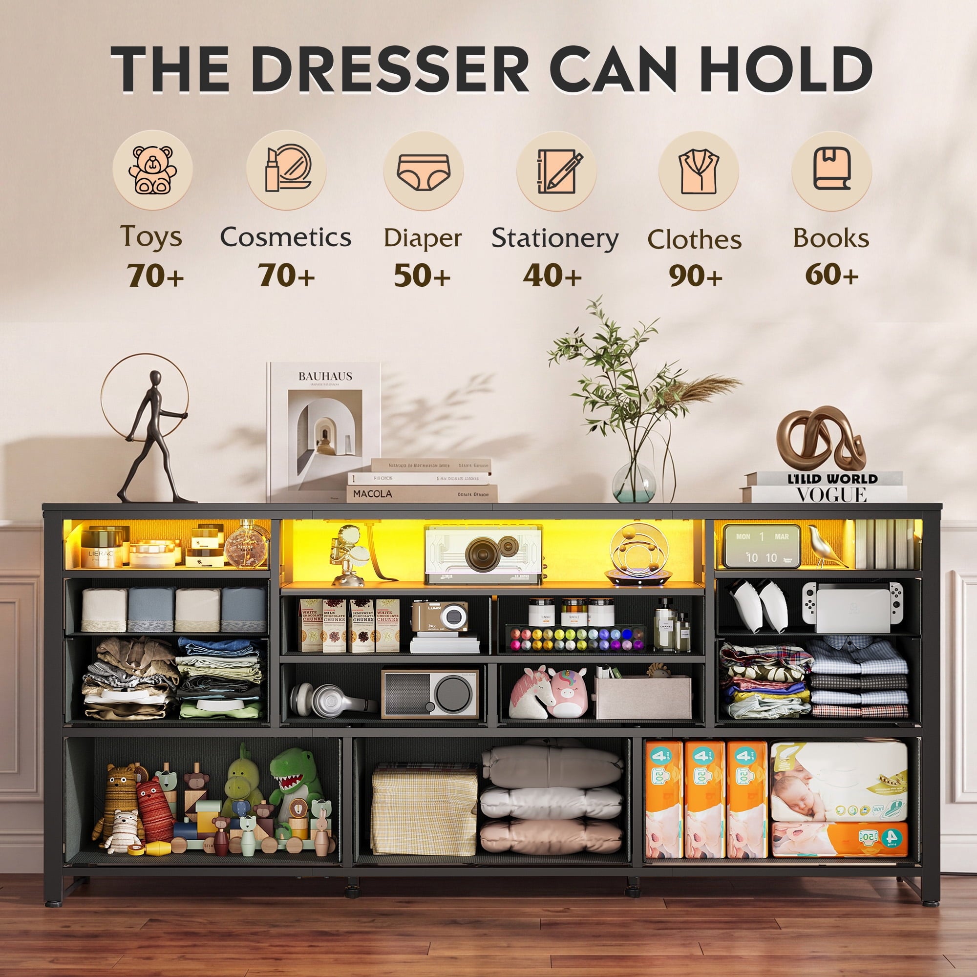 GALAXHERO 13 Drawers Dresser for Bedroom, TV Stand for 65'' TV with LED Lights, Entertainment Center with Charging Station, Fabric Chest of Drawers for Living Room, Entryway