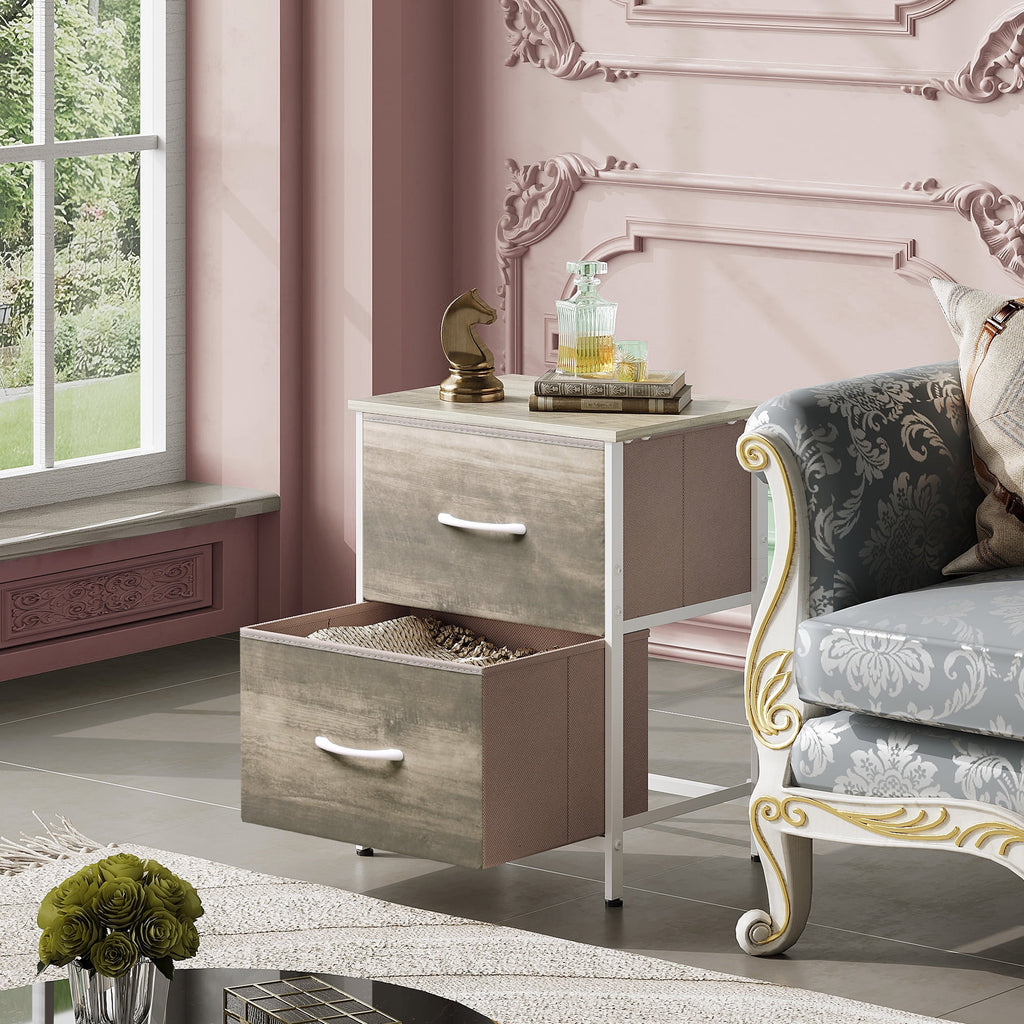 GALAXHERO Nightstand with 2 Drawers, Small Dresser for Closet, End Table with Fabric Bin, Bedside Table for Bedroom, Entryway, College Dorm, Greige Oak