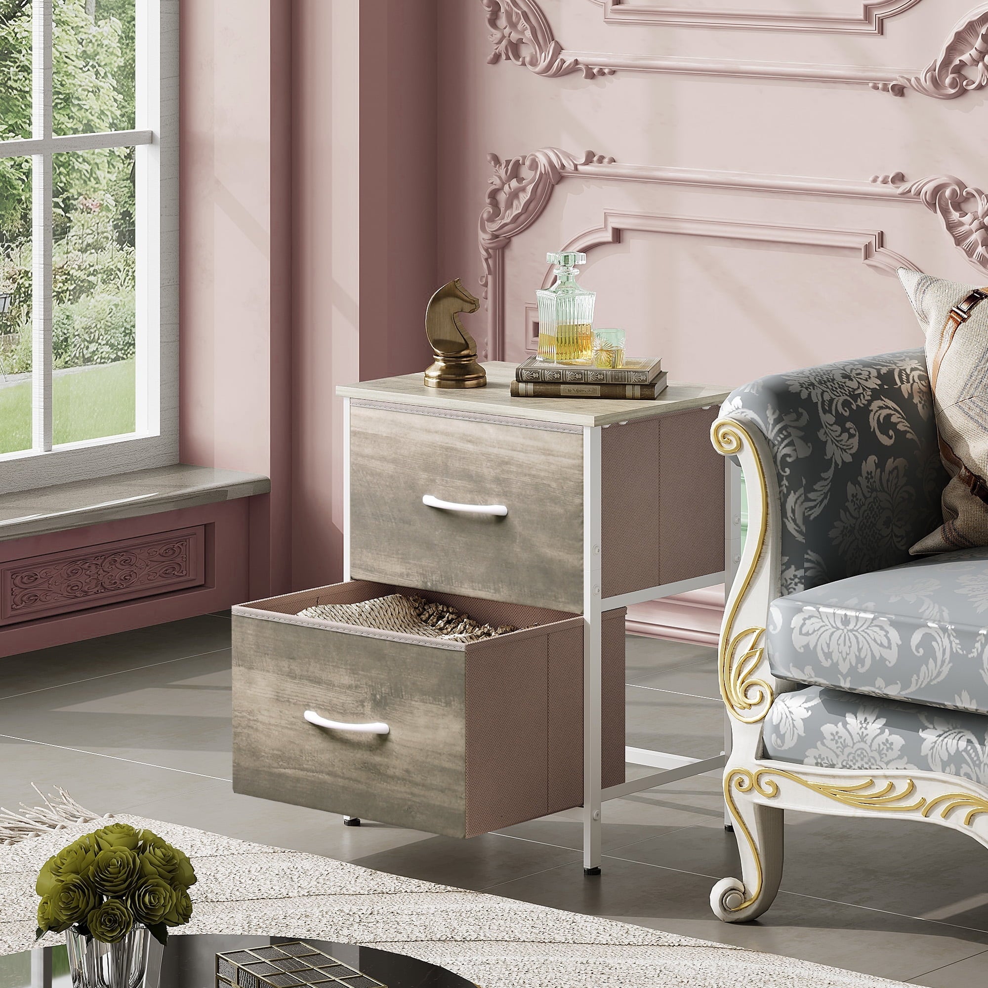 GALAXHERO Nightstand with 2 Drawers, Small Dresser for Closet, End Table with Fabric Bin, Bedside Table for Bedroom, Entryway, College Dorm, Greige Oak