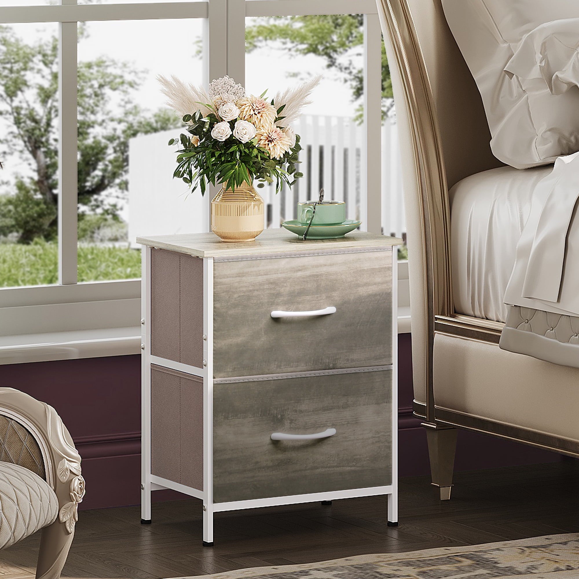 GALAXHERO Nightstand with 2 Drawers, Small Dresser for Closet, End Table with Fabric Bin, Bedside Table for Bedroom, Entryway, College Dorm, Greige Oak