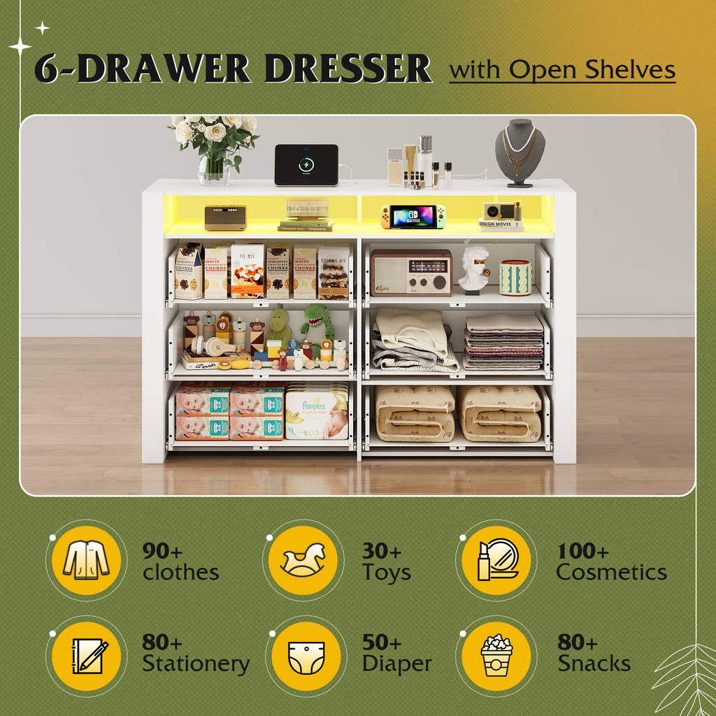 GALAXHERO 6 Drawer Dresser for Bedroom with LED Lights, Double Dresser with Charging Station, Large Wood Chest of Drawers, TV Stand for 55 inch TV for Closet, Living Room