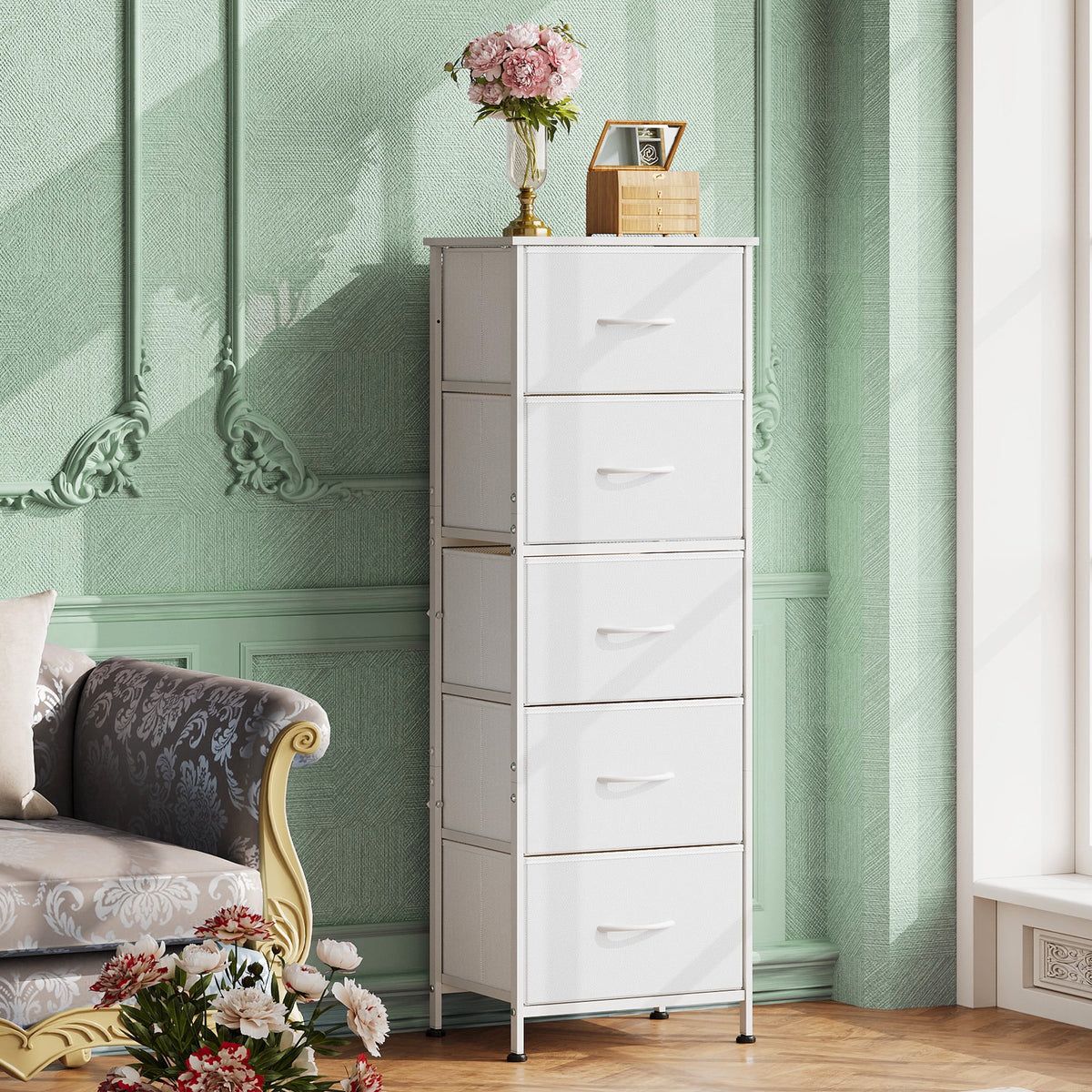 GALAXHERO 5-Drawer Tall Fabric Dresser with Wood Top, Storage Organizer Chest for Bedroom, Closet, Hallway, Sturdy Steel Frame