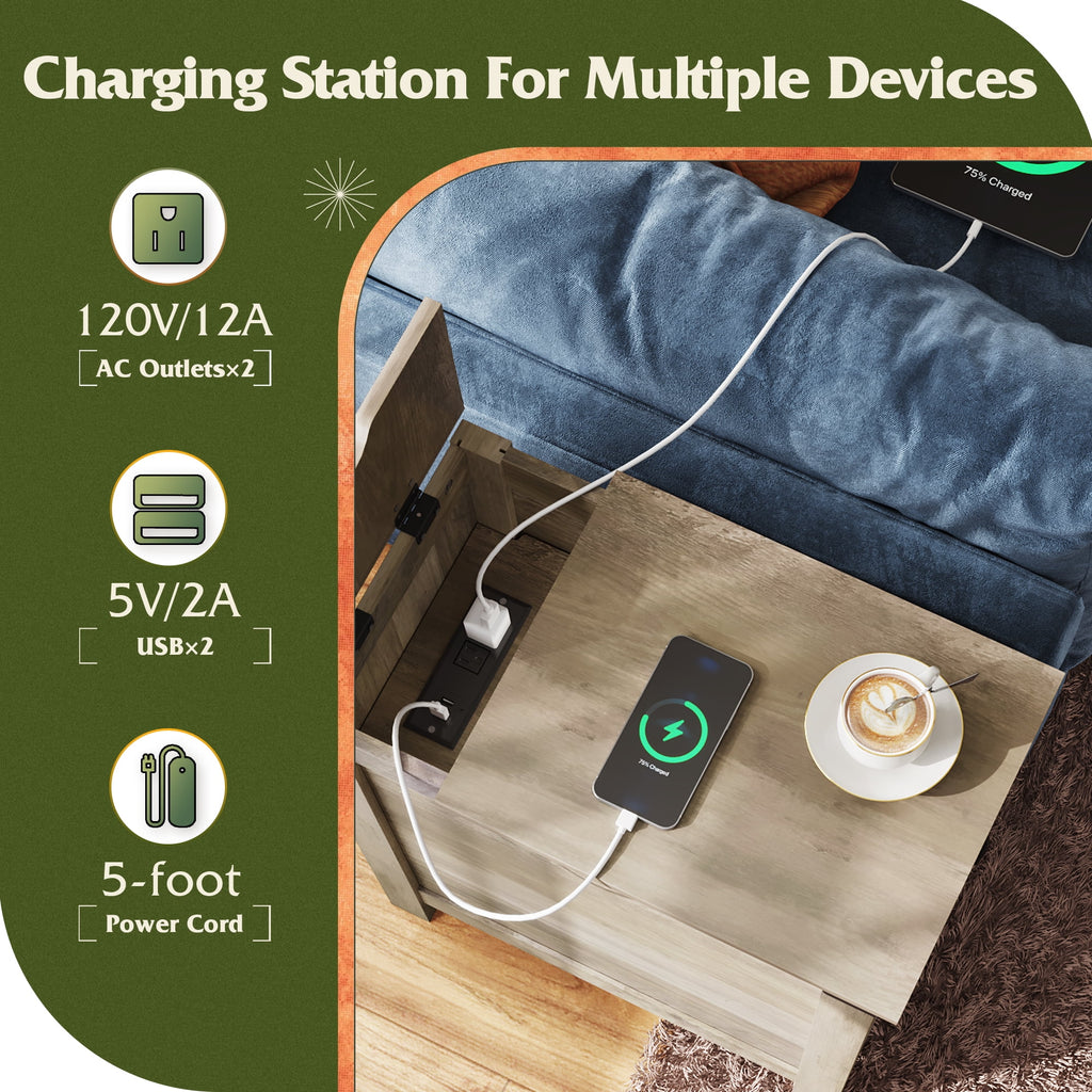 GALAXHERO Side Table with Charging Station Narrow End Table with Storage Night Stand with USB Ports and Outlets Small Wooden Cabinet for Living Room and Bedroom