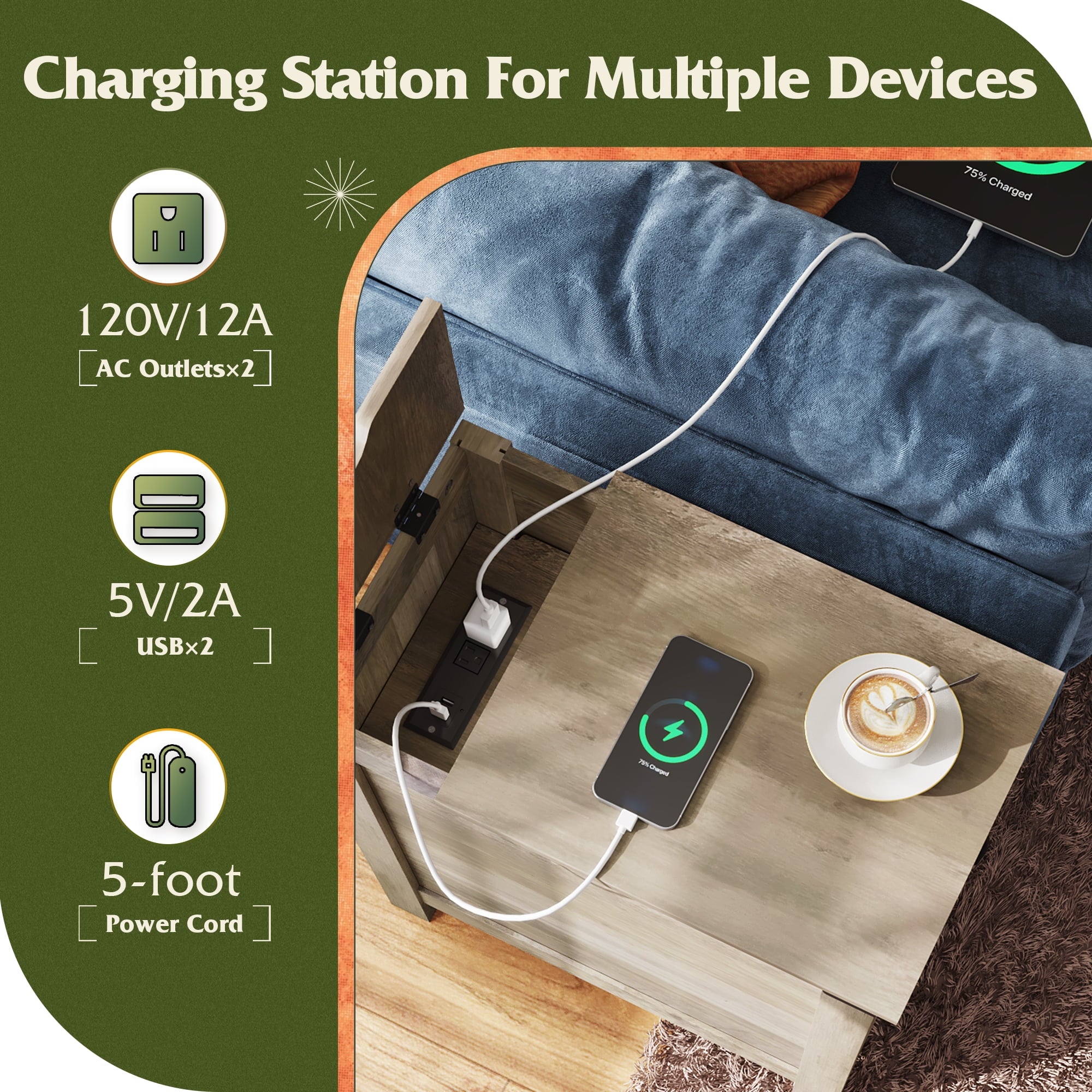 GALAXHERO Side Table with Charging Station Narrow End Table with Storage Night Stand with USB Ports and Outlets Small Wooden Cabinet for Living Room and Bedroom