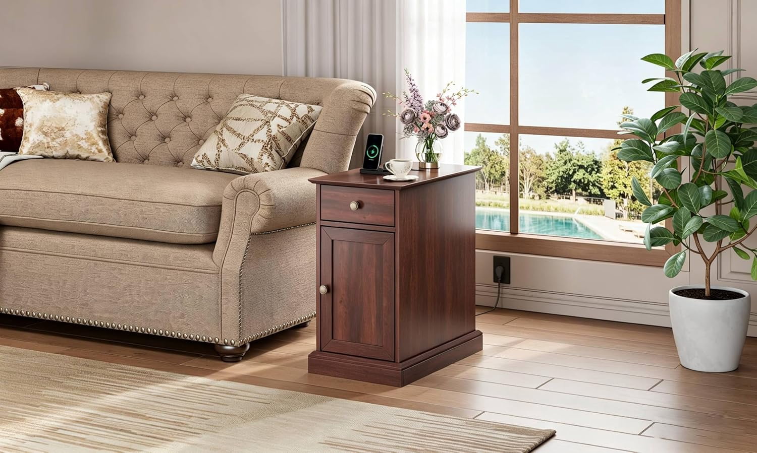 GALAXHERO End Table Narrow Side Table for Living Room, Farmhouse Night Stand with Storage Drawer, Small Wooden Nightstand with Concealed Outlets