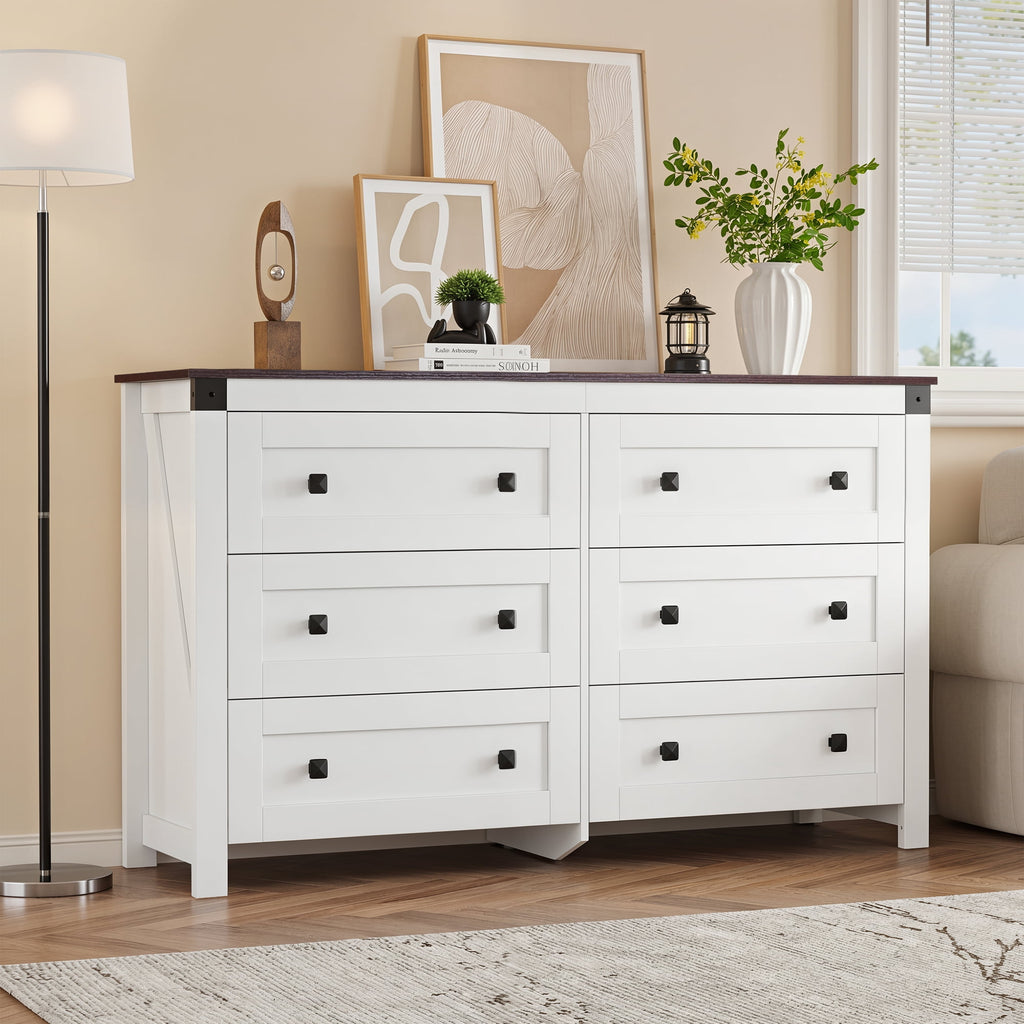 GALAXHERO Farmhouse 6 Drawer Dresser, Wood Dresser with Double Rustic Handles, TV Stand for 60" TV for Living Room, 53.07'' Wide Chest of Drawers for Bedroom, Hallway