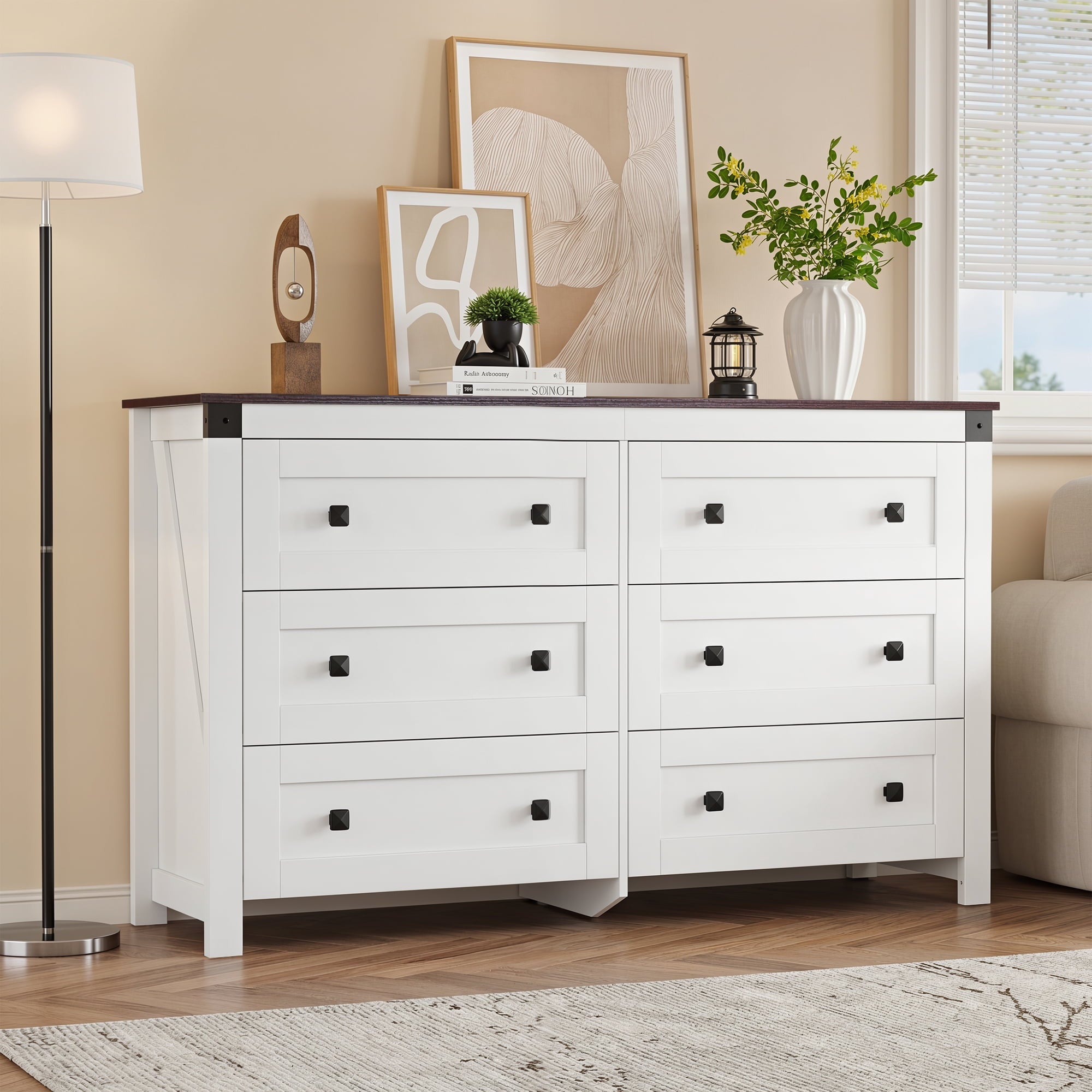 GALAXHERO Farmhouse 6 Drawer Dresser, Wood Dresser with Double Rustic Handles, TV Stand for 60" TV for Living Room, 53.07'' Wide Chest of Drawers for Bedroom, Hallway