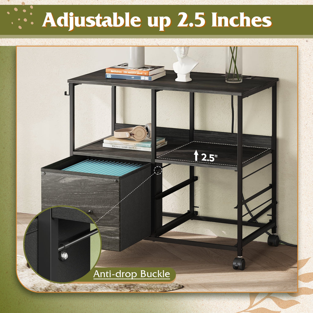 GALAXHERO 3 Drawer File Cabinet with Charging Station, Mobile Printer Stand with Storage Shelf for Home Office, Fit Letter/A4 Size, Wood Grain Print