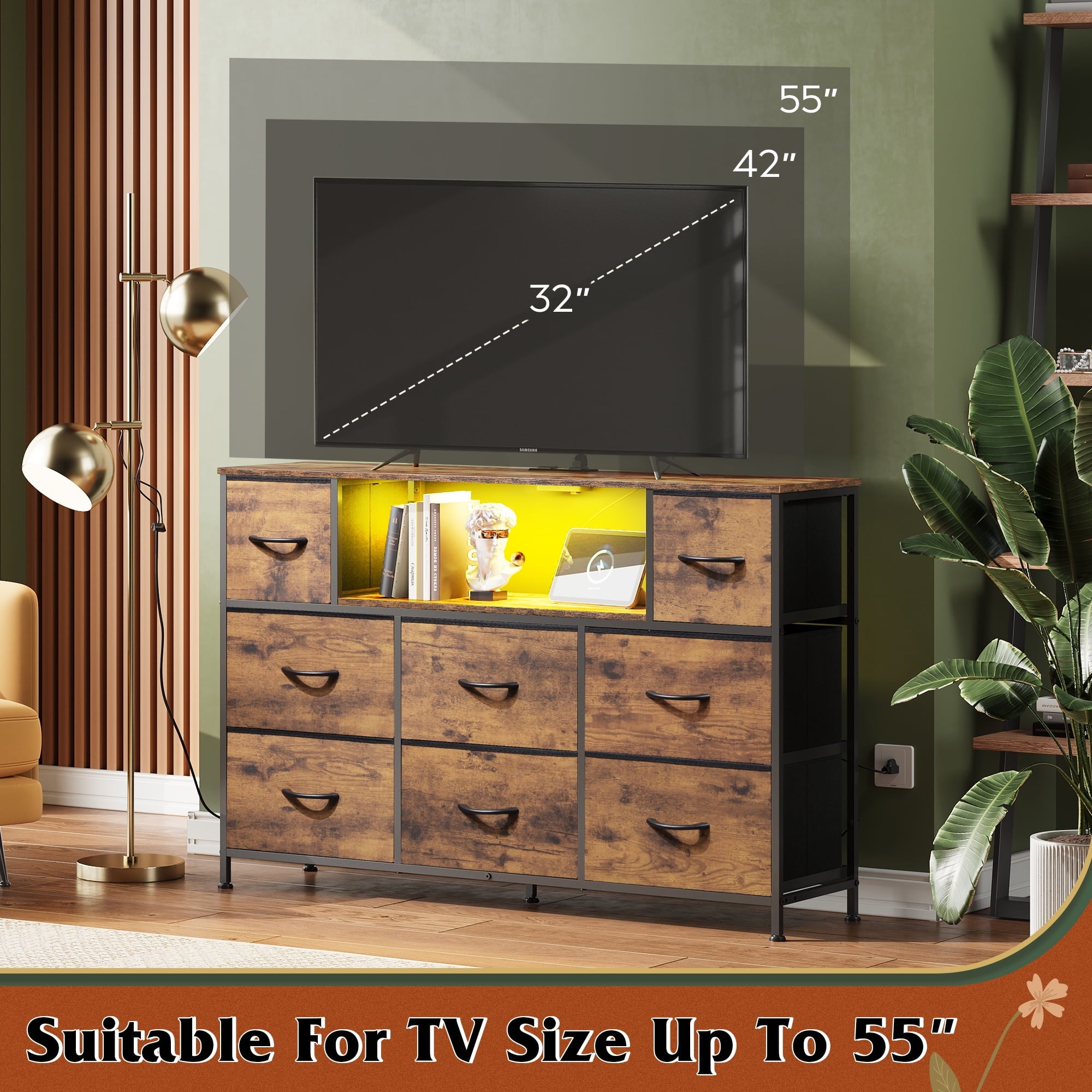 GALAXHERO 8-Drawer Fabric Dresser with Charging Station and LED Lights, TV Stand for 55-Inch TV, Storage Chest with Open Shelves for Bedroom, Living Room, Closet
