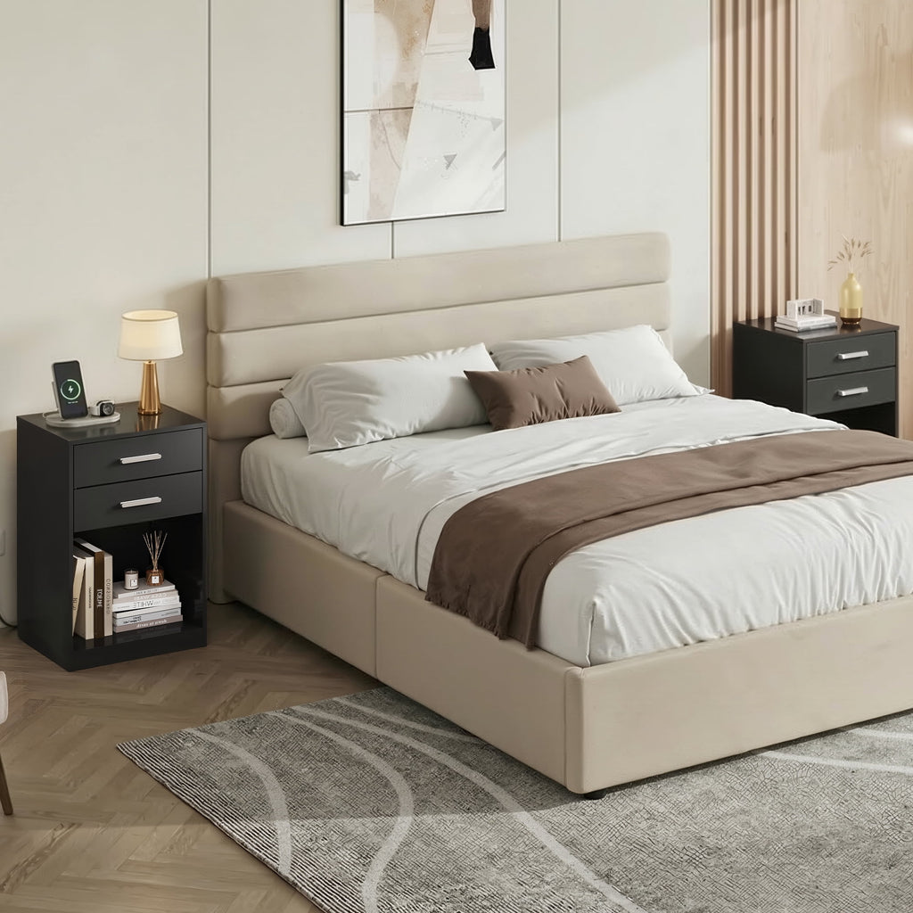 GALAXHERO Nightstand Set of 2 with Charging Station and 2 Drawers, Wood Bedside Table End Table with Open Shelf for Bedroom, Living Room