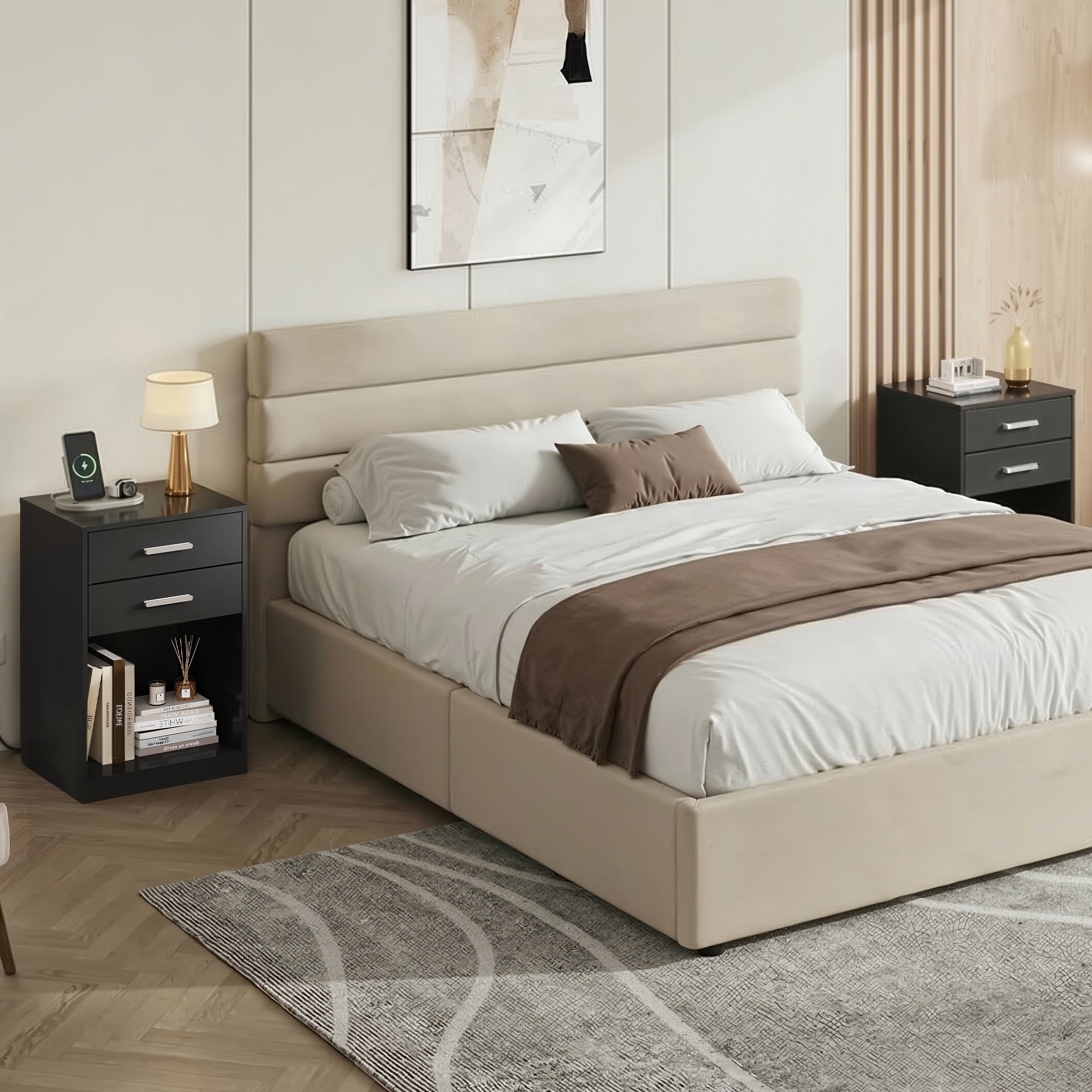 GALAXHERO Nightstand Set of 2 with Charging Station and 2 Drawers, Wood Bedside Table End Table with Open Shelf for Bedroom, Living Room