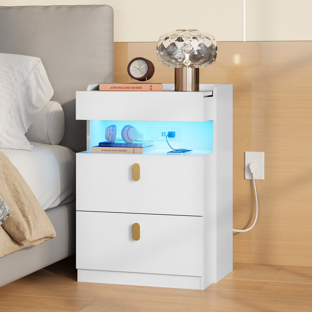 GALAXHERO 2 Drawer Nightstand with Charging Station and LED Lights, Modern Bedside Tables with Sliding Top for Bedroom, Wood End Table for Living Room