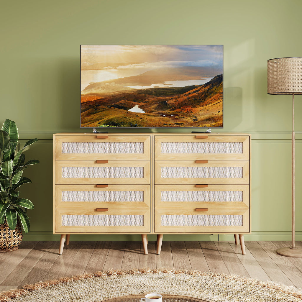 GALAXHERO 4 Drawers Dresser, Rattan Boho Chest of Drawers for Bedroom, Wood Storage Cabinet with Metal Handle for Living Room, Closet, Hallway