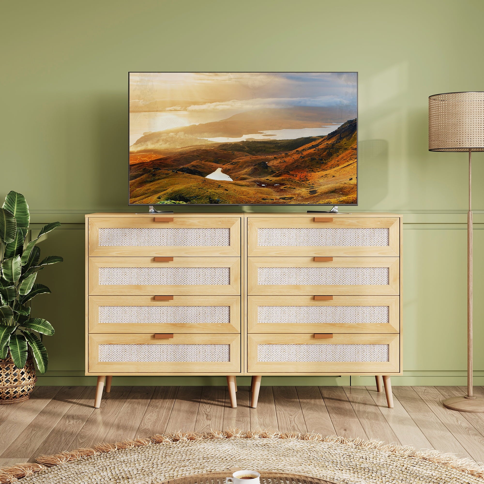 GALAXHERO 4 Drawers Dresser, Rattan Boho Chest of Drawers for Bedroom, Wood Storage Cabinet with Metal Handle for Living Room, Closet, Hallway