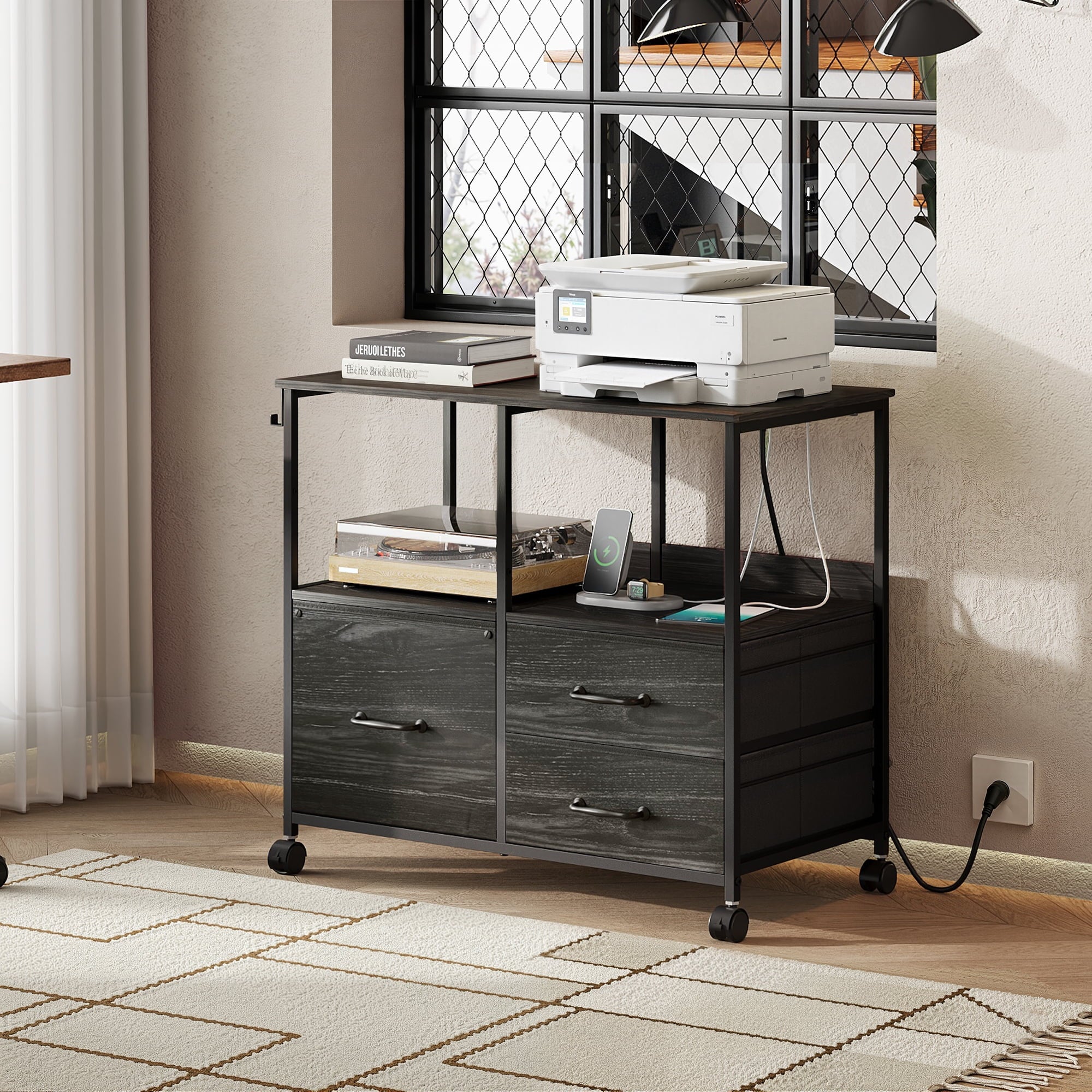 GALAXHERO 3 Drawer File Cabinet with Charging Station, Mobile Printer Stand with Storage Shelf for Home Office, Fit Letter/A4 Size, Wood Grain Print