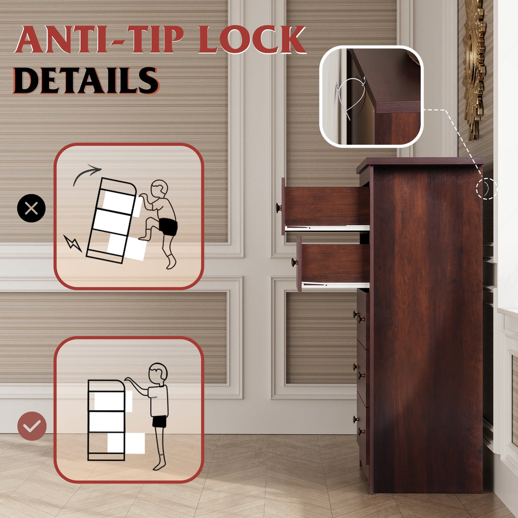 GALAXHERO 5 Drawer Dresser for Bedroom, Retro Wood Chest of Drawers, Tall Dresser with Round Metal Handle for Living Room, Hallway, Closet, Rustic Brown