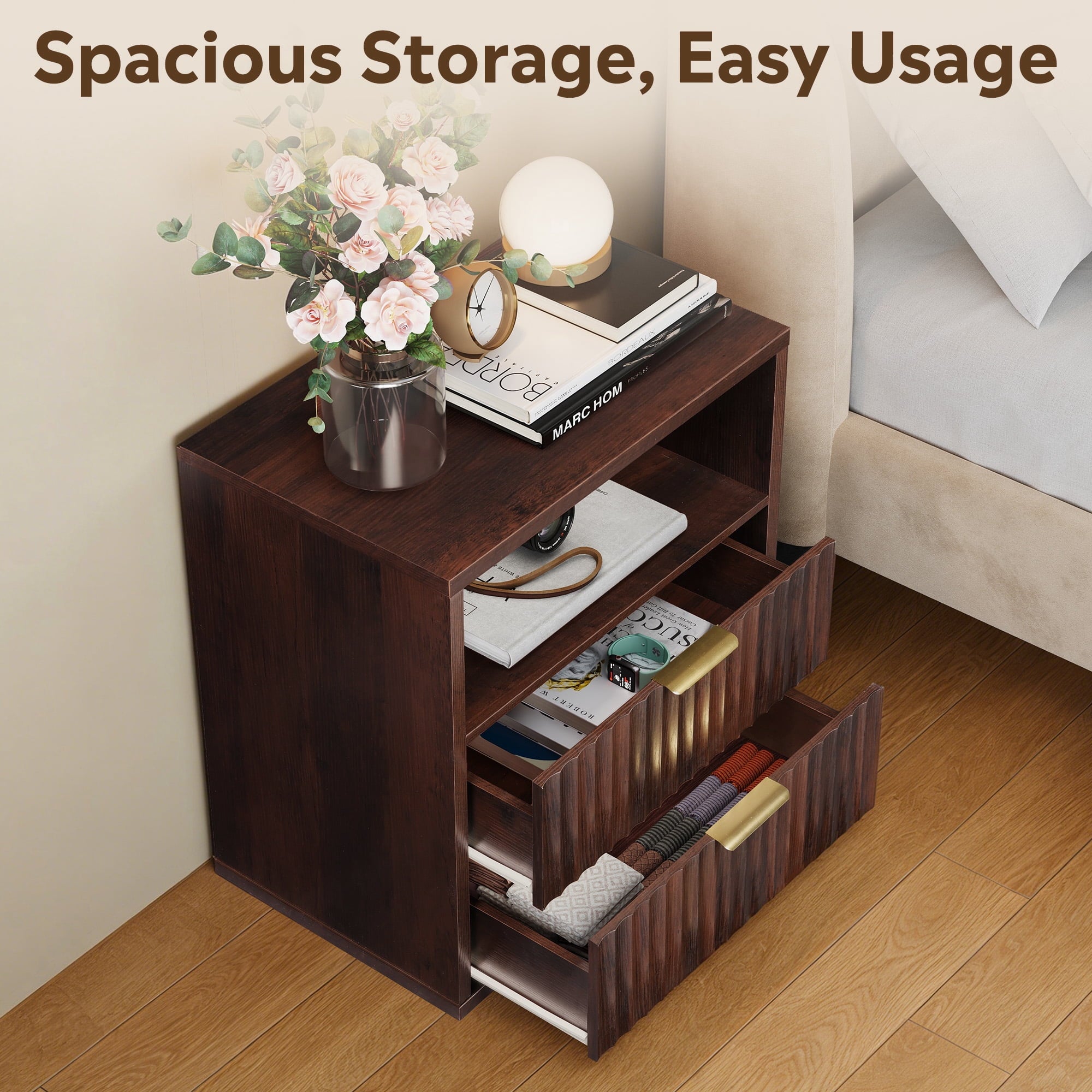 GALAXHERO 2 Drawer Nightstands Set of 2, Wood Fluted End Table with Open Shelf, Mid Century Modern Bedside Tables for Bedroom, Living Room, Espresso