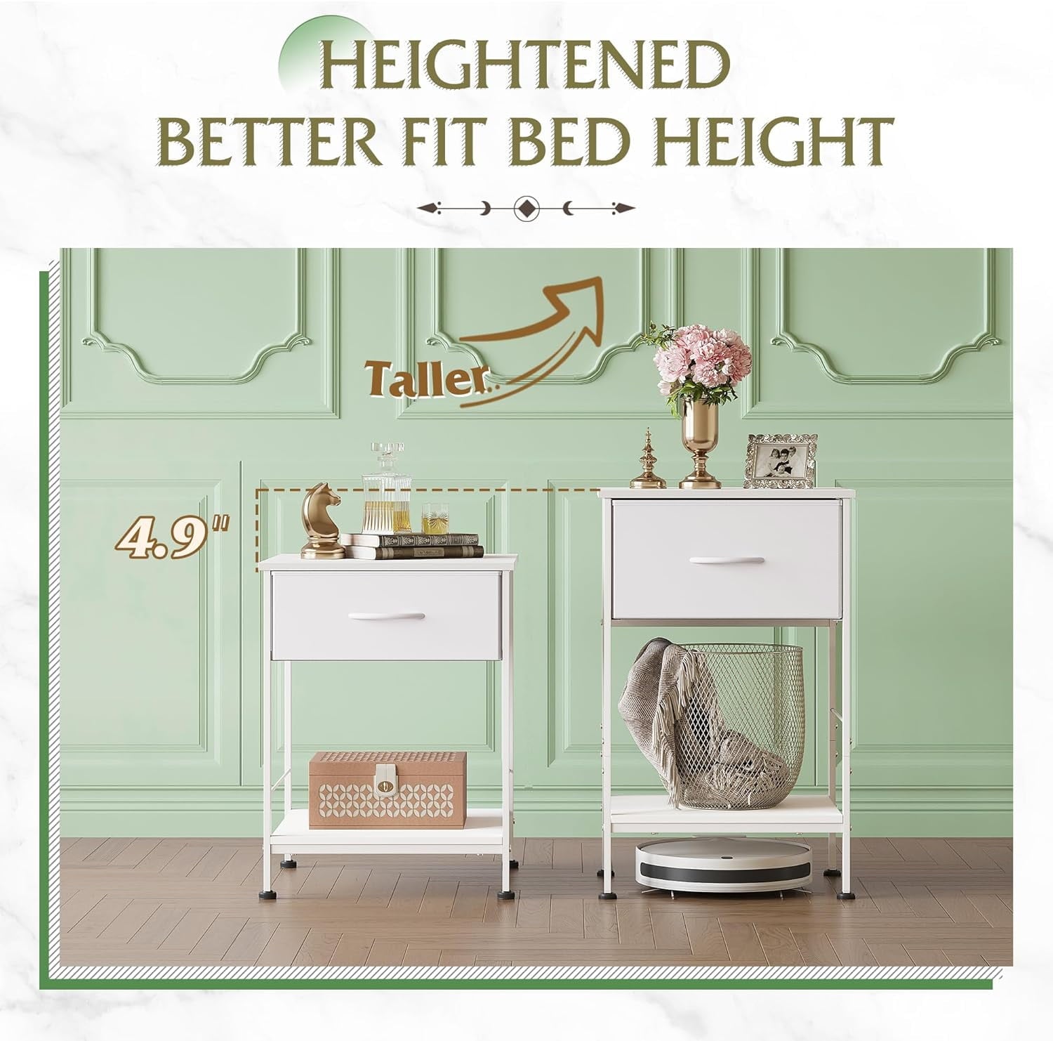 GALAXHERO Nightstand Set of 2 with Fabric Drawer and Open Wood Shelf, End Side Table with Steel Frame for Bedroom, Dorm, 25.03" Height