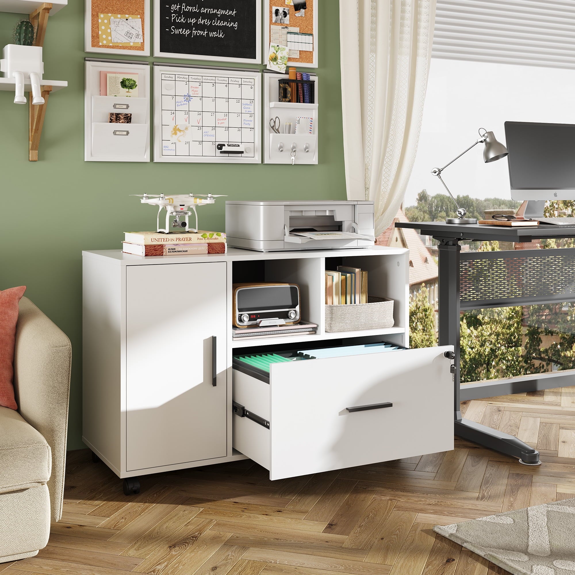 GALAXHERO Lateral File Cabinet with Lock, Rolling Wood Cabinet for Home Office, Printer Stand with Shelf, Fit Legal/A4 Size