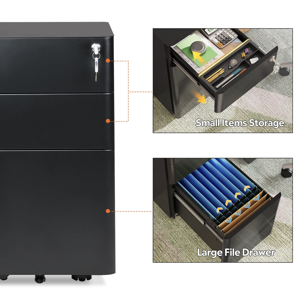 GALAXHERO 3 Drawer Metal File Cabinet with Lock, Vertical Rolling Filing Cabinet for Home Office, Fits A4/Letter/Legal