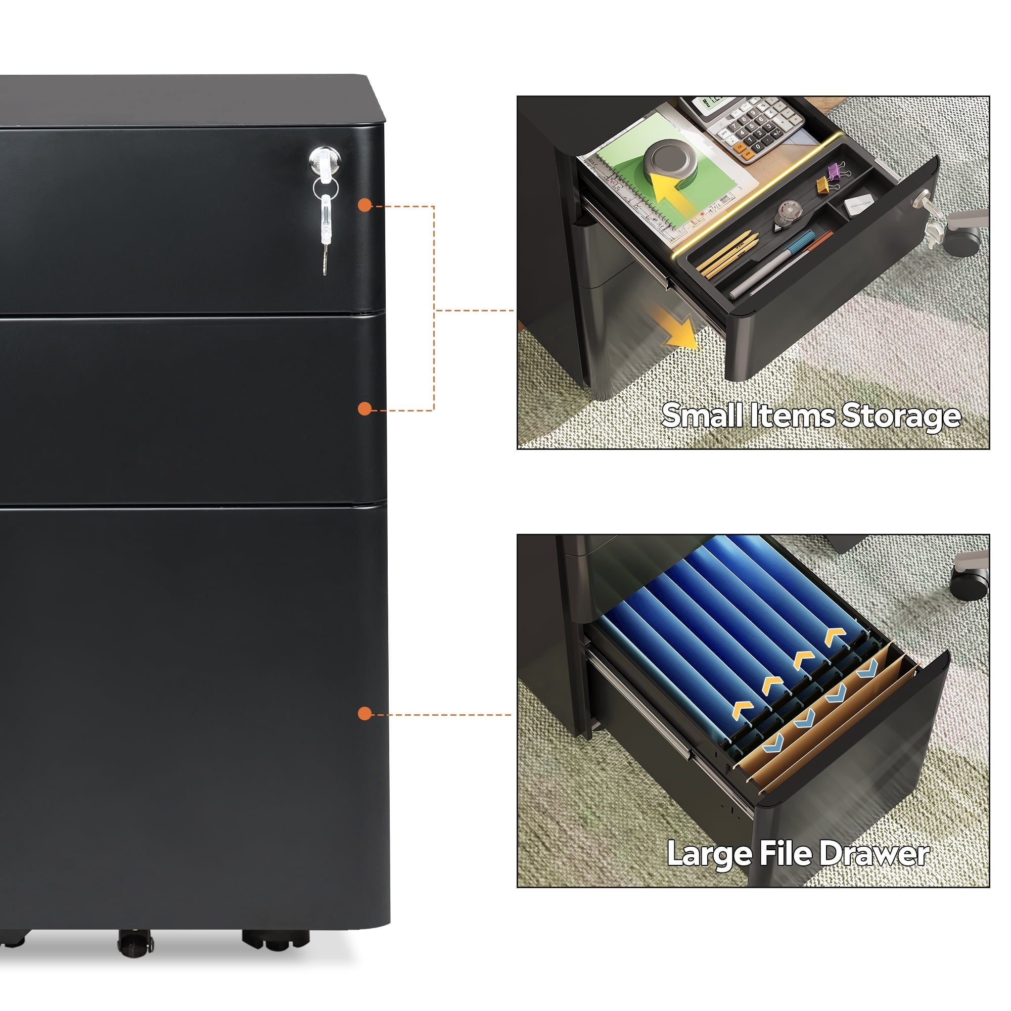 GALAXHERO 3 Drawer Metal File Cabinet with Lock, Vertical Rolling Filing Cabinet for Home Office, Fits A4/Letter/Legal