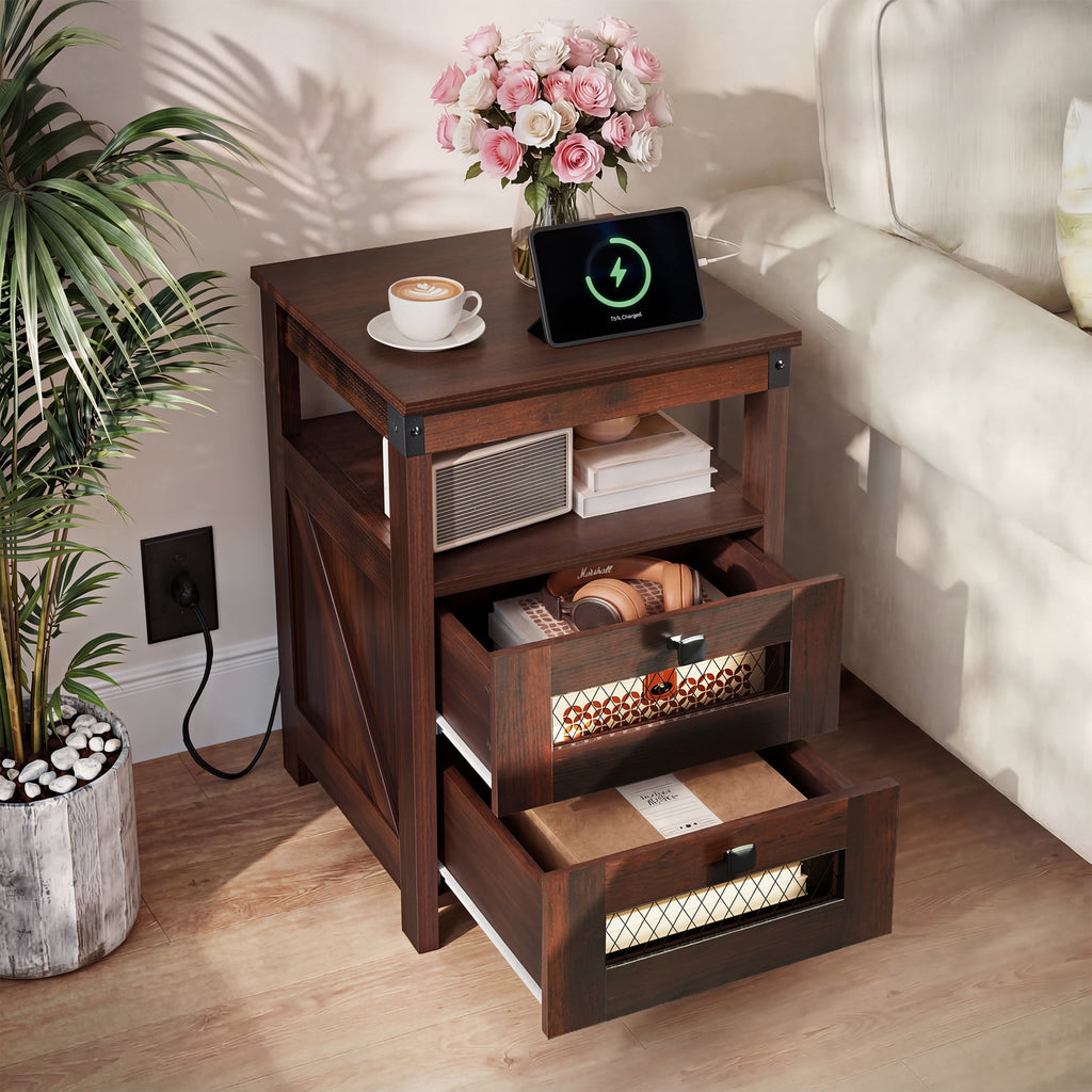 GALAXHERO Nightstand with Charging Station, Farmhouse End Table, Bed Side Table with 2 Storage Drawers and Open Shelf, Wood Rustic Nightstands for Bedroom