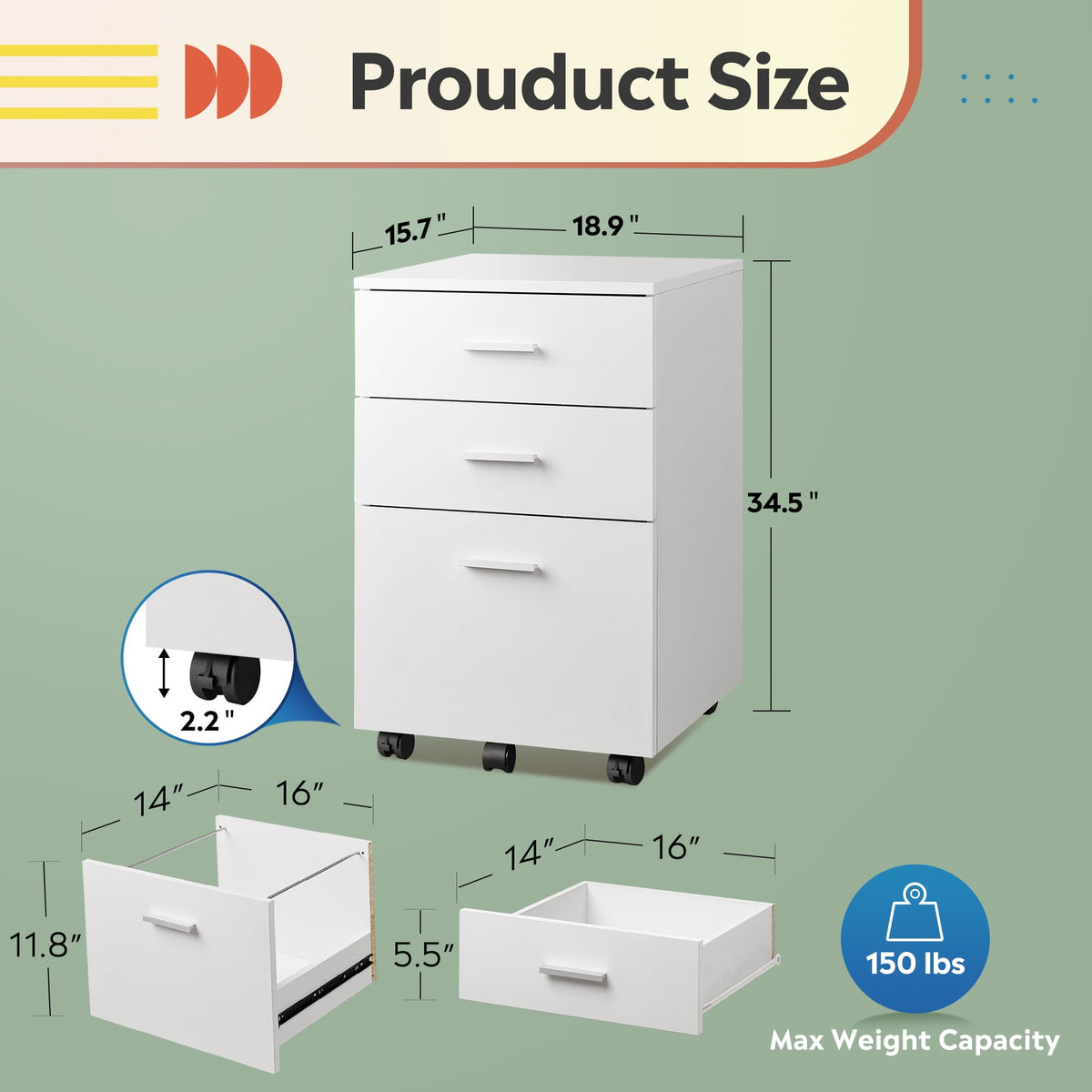 GALAXHERO 3 Drawer File Cabinet, Small Rolling Office Cabinet for Home Office, Wooden Filing Cabinet Fits Letter/A4 Size Files