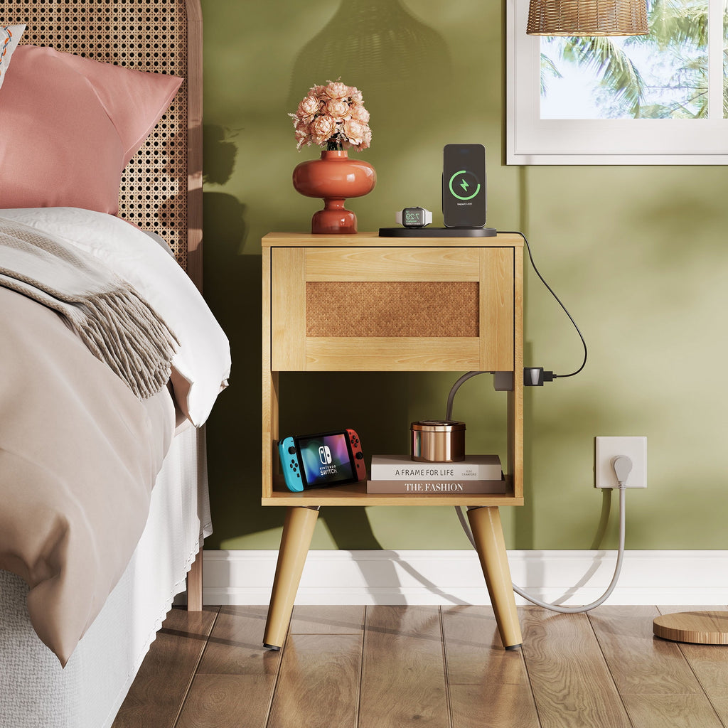 GALAXHERO Rattan Nightstand with Charger Station, Small Drawer Storage Shelf Mid-Century Side Table for Bedroom, Rattan Decor, Compact Size