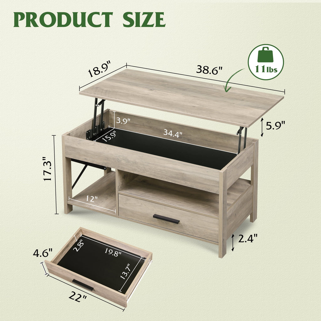 GALAXHERO Coffee Table, 39" Lift Top Coffee Table with Hidden Compartment, Storage Drawers and Storage Shelf for Living Room, Reception Room