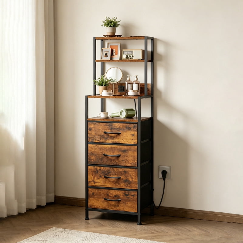 GALAXHERO Dresser for Bedroom, 4 Drawer Nightstand with Charging Station,Tall Bedside Table with LED & Open Shelf,End Table with Storage,