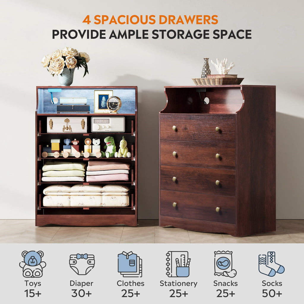 GALAXHERO 4 Drawers Dresser for Bedroom, Tall  Dressers with LED Open Shelf, Modern Chest of Drawers with Charging Station, Wood Closet Clothes Organizer Storage Cabinet