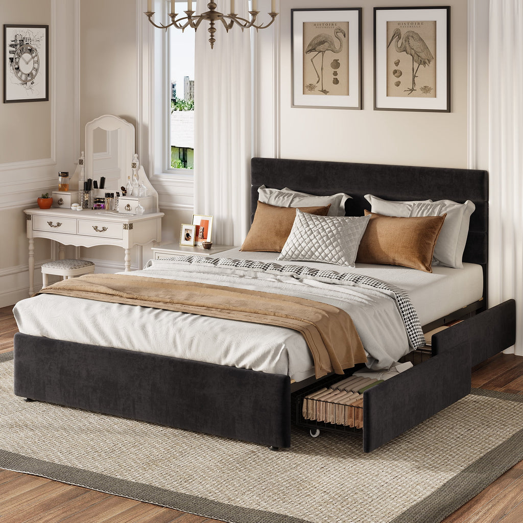 GALAXHERO Queen Size Upholstered Bed Frame with 4 Storage Drawers and Headboard, Velvet Platform Bedframe, Sturdy Metal & Wooden Slats Support, No Box Spring Needed, Easy Assembly