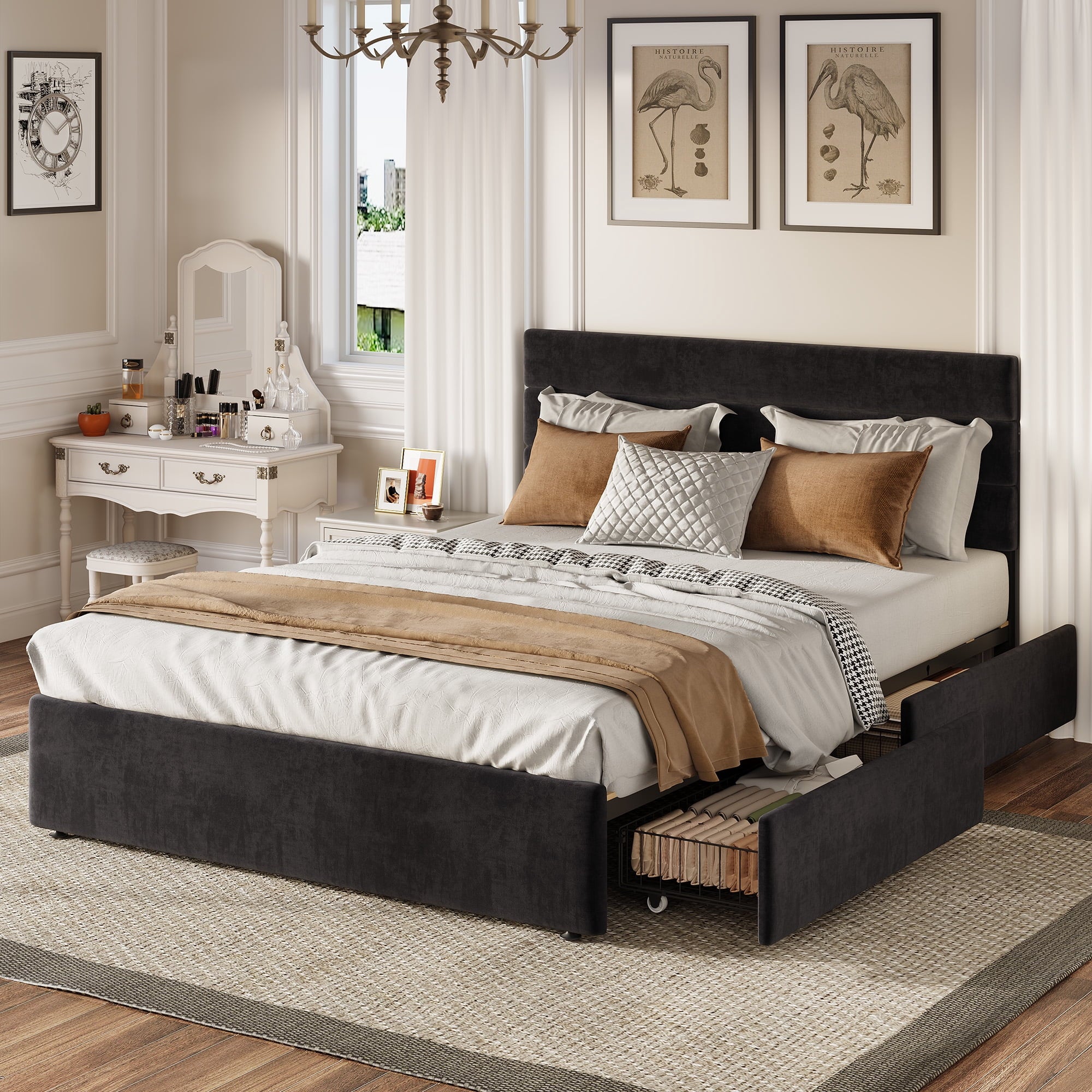 GALAXHERO Queen Size Upholstered Bed Frame with 4 Storage Drawers and Headboard, Velvet Platform Bedframe, Sturdy Metal & Wooden Slats Support, No Box Spring Needed, Easy Assembly