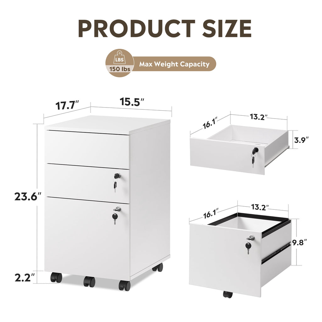 GALAXHERO 3 Drawers Storage Cabinet with Lock, Rolling Wood File Cabinet, Vertical Filing Cabinet for Home Office, Fits Letter/A4