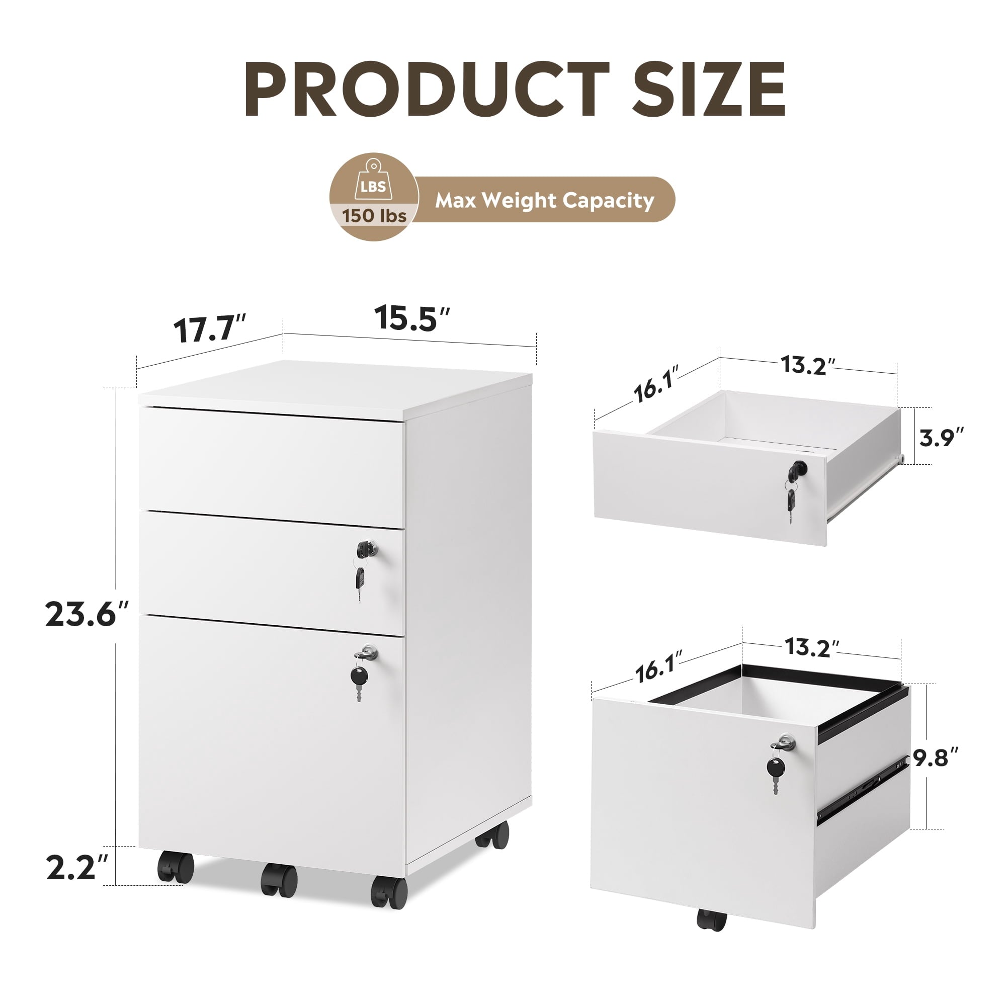 GALAXHERO 3 Drawers Storage Cabinet with Lock, Rolling Wood File Cabinet, Vertical Filing Cabinet for Home Office, Fits Letter/A4