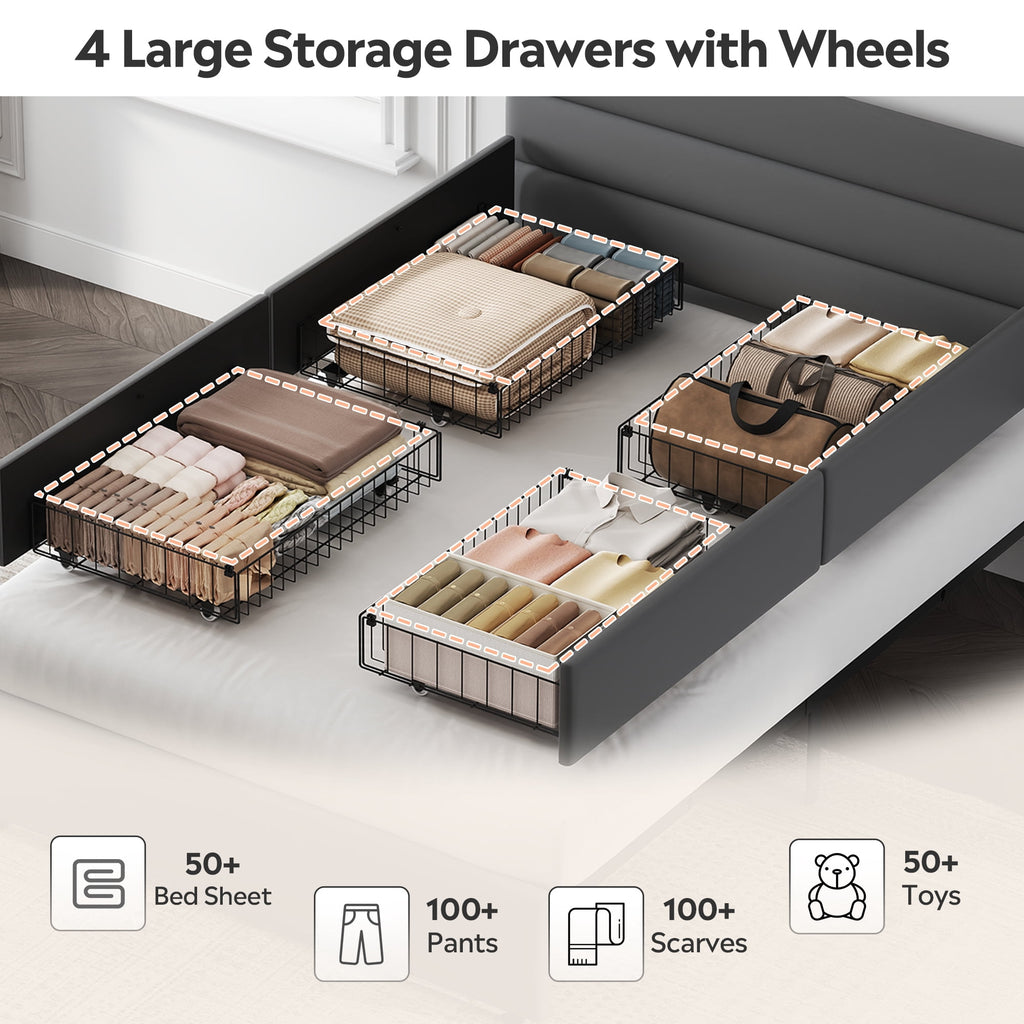 GALAXHERO Full Size Upholstered Bed Frame with 4 Storage Drawers and Headboard, Velvet Platform Bedframe, Sturdy Metal & Wooden Slats Support, No Box Spring Needed, Easy Assembly