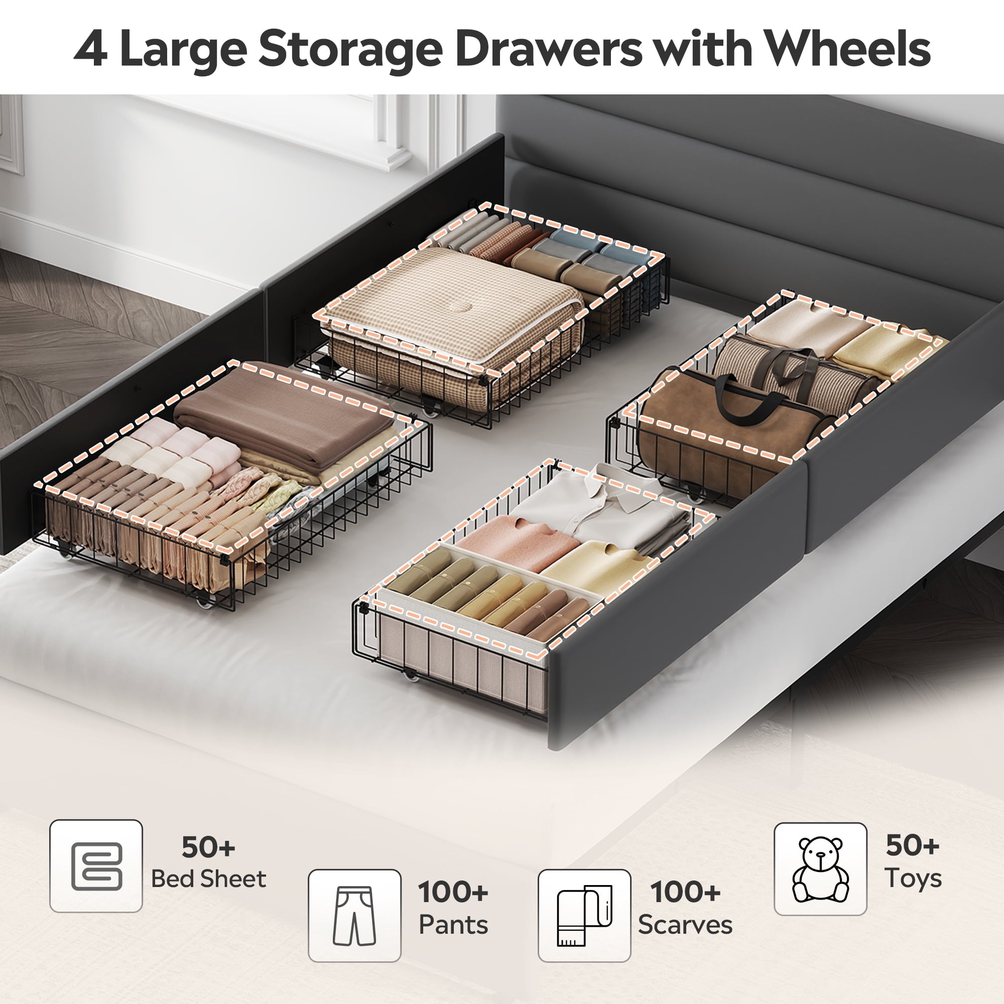 GALAXHERO Full Size Upholstered Bed Frame with 4 Storage Drawers and Headboard, Velvet Platform Bedframe, Sturdy Metal & Wooden Slats Support, No Box Spring Needed, Easy Assembly