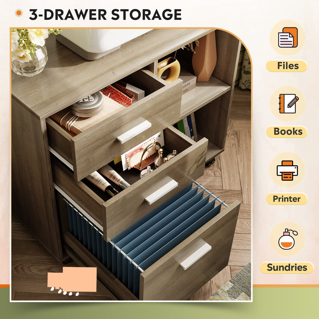 GALAXHERO 3-Drawer Wood File Cabinet, Mobile Lateral Filing Cabinet with Printer Stand and Open Shelves for Home Office