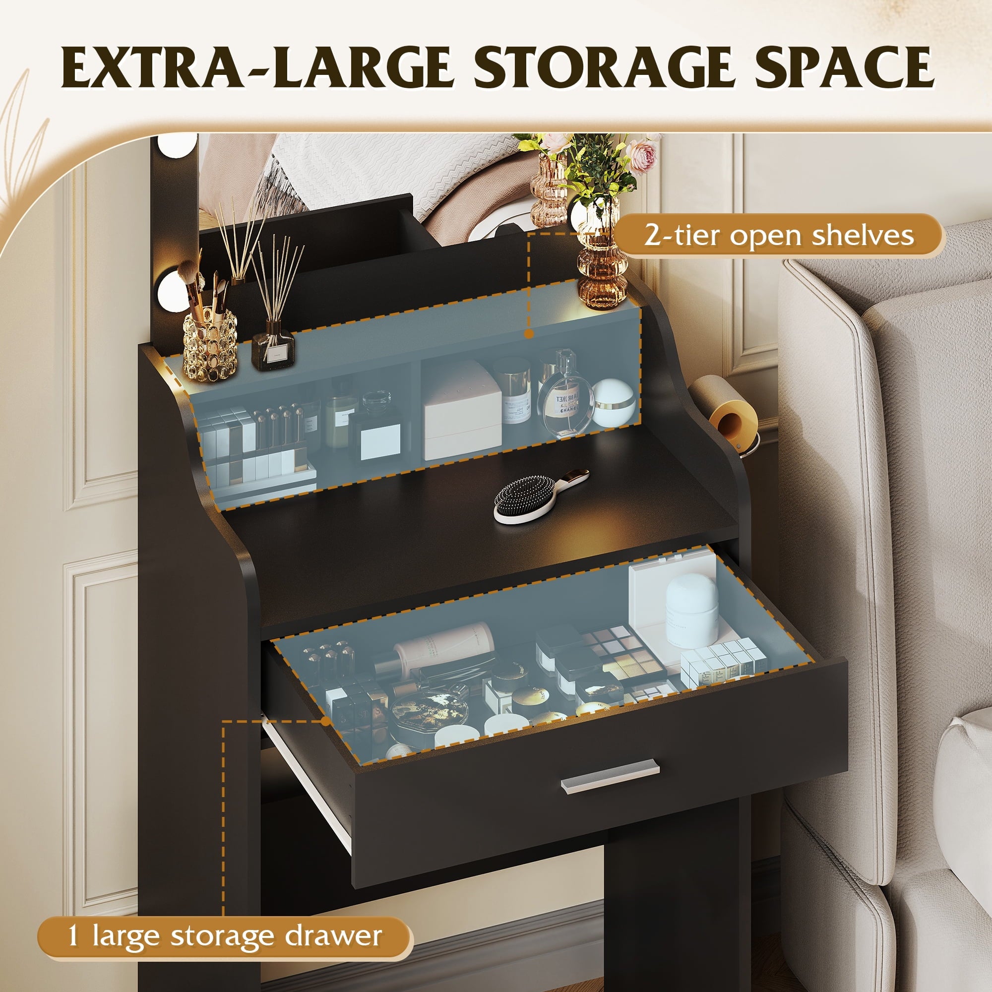 GALAXHERO Small Vanity Desk with Mirror, Makeup Tables with Drawer and Storage Shelves, Girls Dressing Table for Bedroom