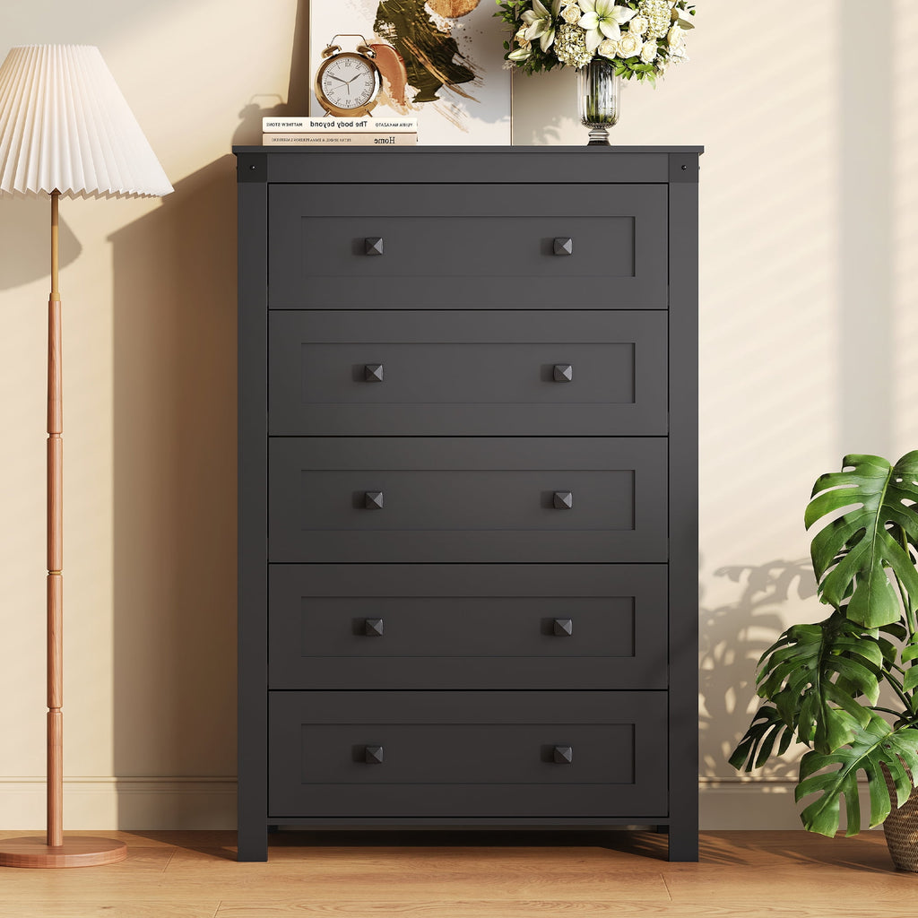 GALAXHERO Farmhouse 5 Drawer Dresser, Tall Dresser with Double Rustic Handles, Wood Chest of Drawers for Bedroom, Living Room, Hallway