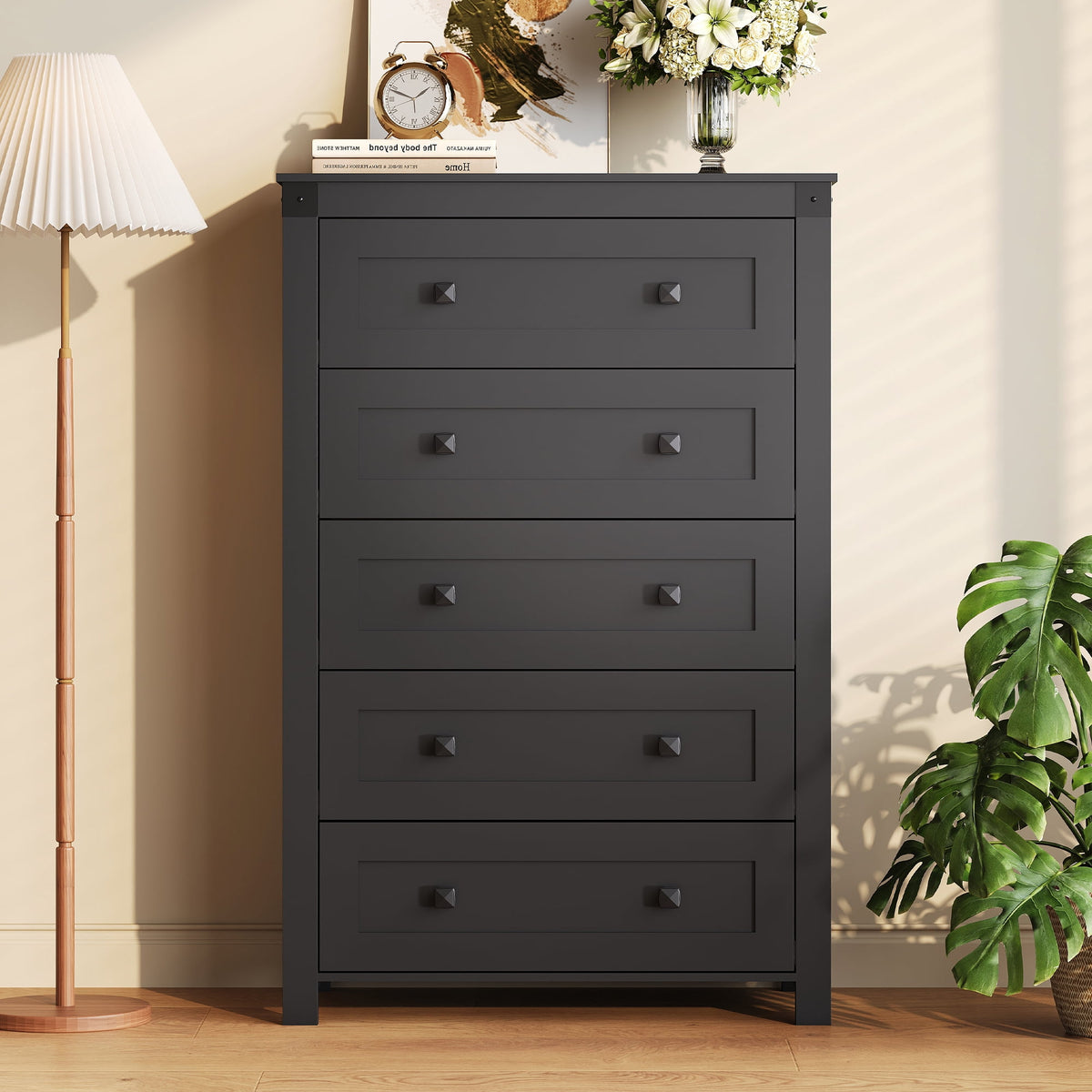 GALAXHERO Farmhouse 5 Drawer Dresser, Tall Dresser with Double Rustic Handles, Wood Chest of Drawers for Bedroom, Living Room, Hallway