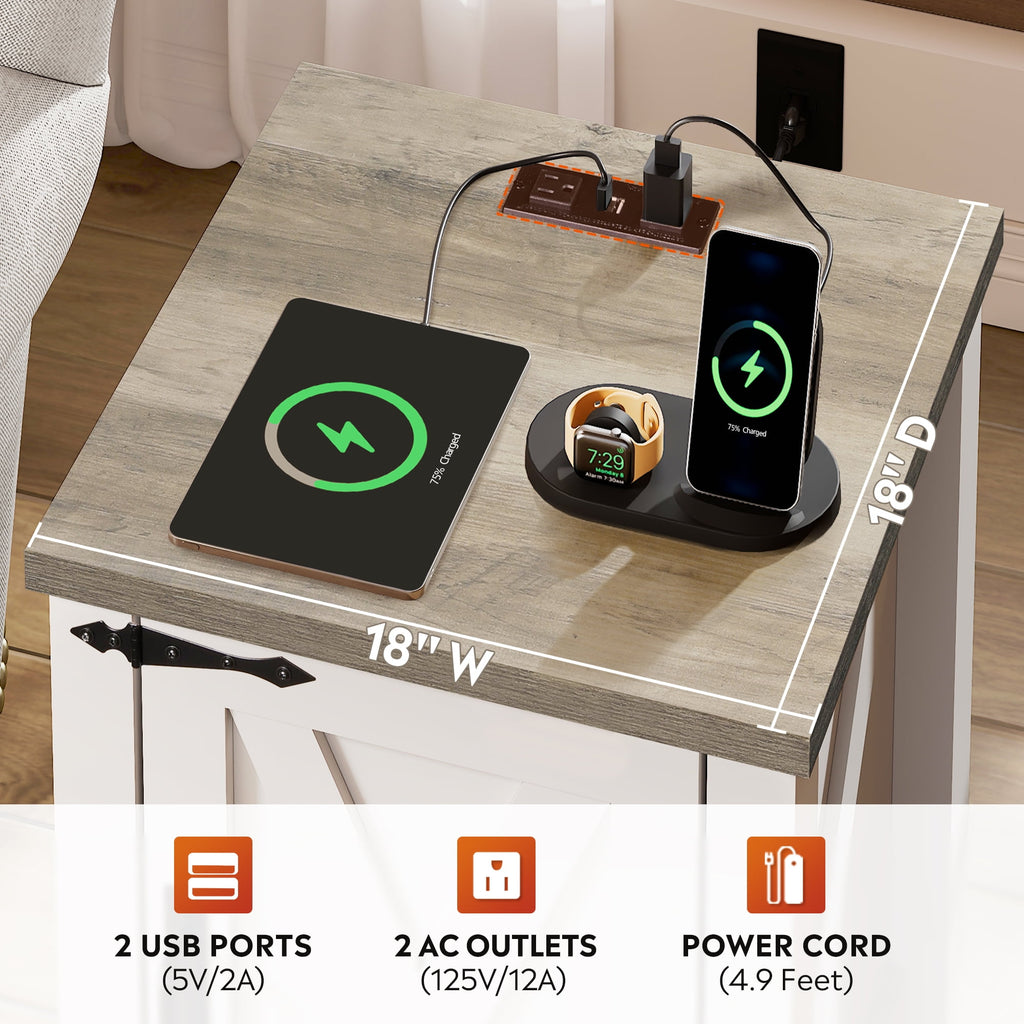GALAXHERO Nightstand with Charging Station, Farmhouse Narrow Side Table with Barn Door, Wooden Bedside Table for Bedroom, End Tables for Living Room